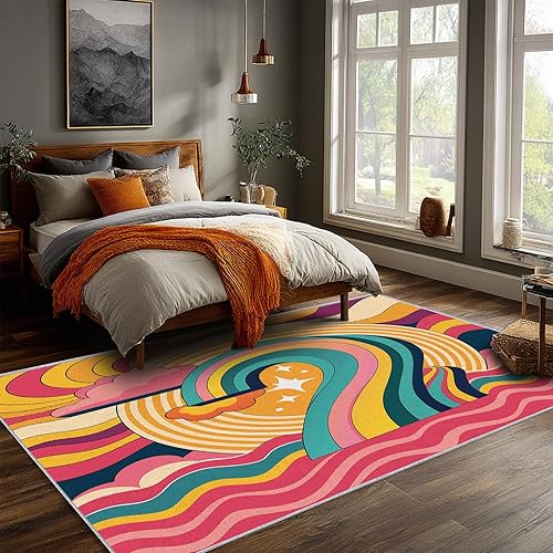 Miniatura 3 de Retro 70s Rug, Washable 4x6 Rug for Living Room, Psychedelic Vortex Patterned Indoor Carpet, Retro Hippie Decor for Home, Bedroom, Soft Non Slip