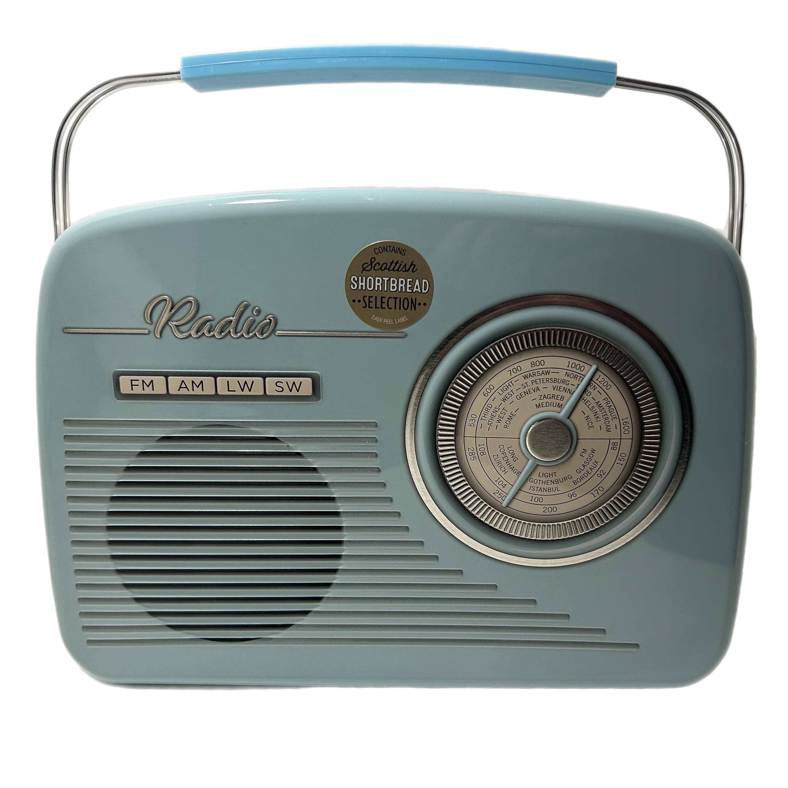 Vintage Biscuit Tin Gift With Scottish Shortbread, Portable Radio Design, Retro 1960s 70's Style - Novelty Present for Birthdays, Anniversary etc (Blue)