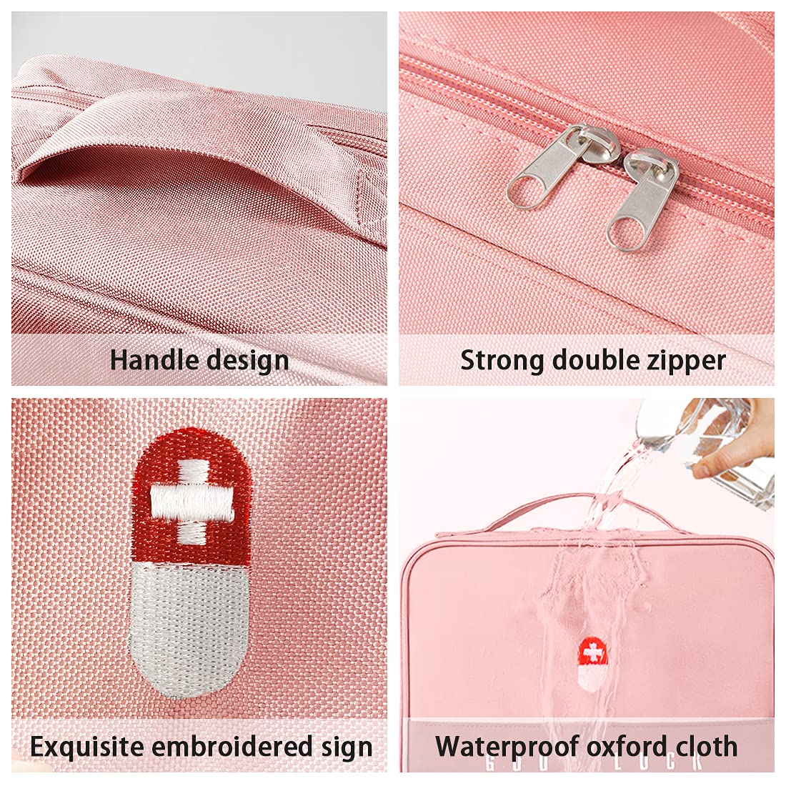 2 bolsas de medicamentos de gran capacidad para emergencias, vacías, impermeables, portátiles, para el hogar, la oficina, los viajes, color rosa