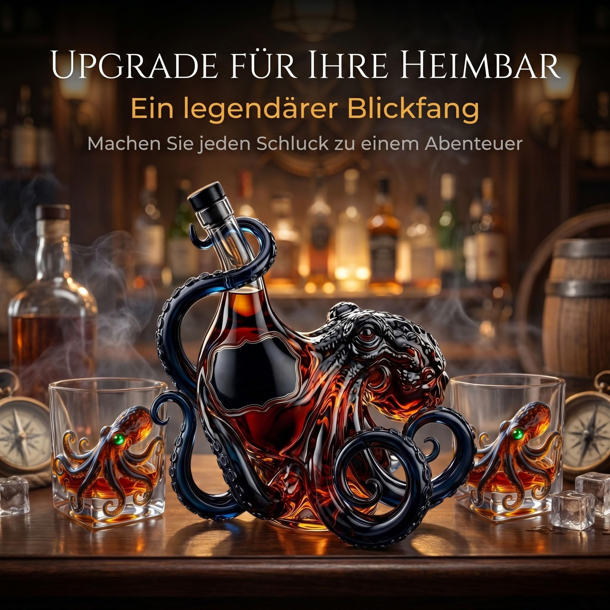 Juego de whisky con forma de pulpo en 3D | Decantador + 2 vasos | Perfecto para whisky, ron, bourbon o cócteles; un regalo único para hombres, aficionados a los bares y coleccionistas.