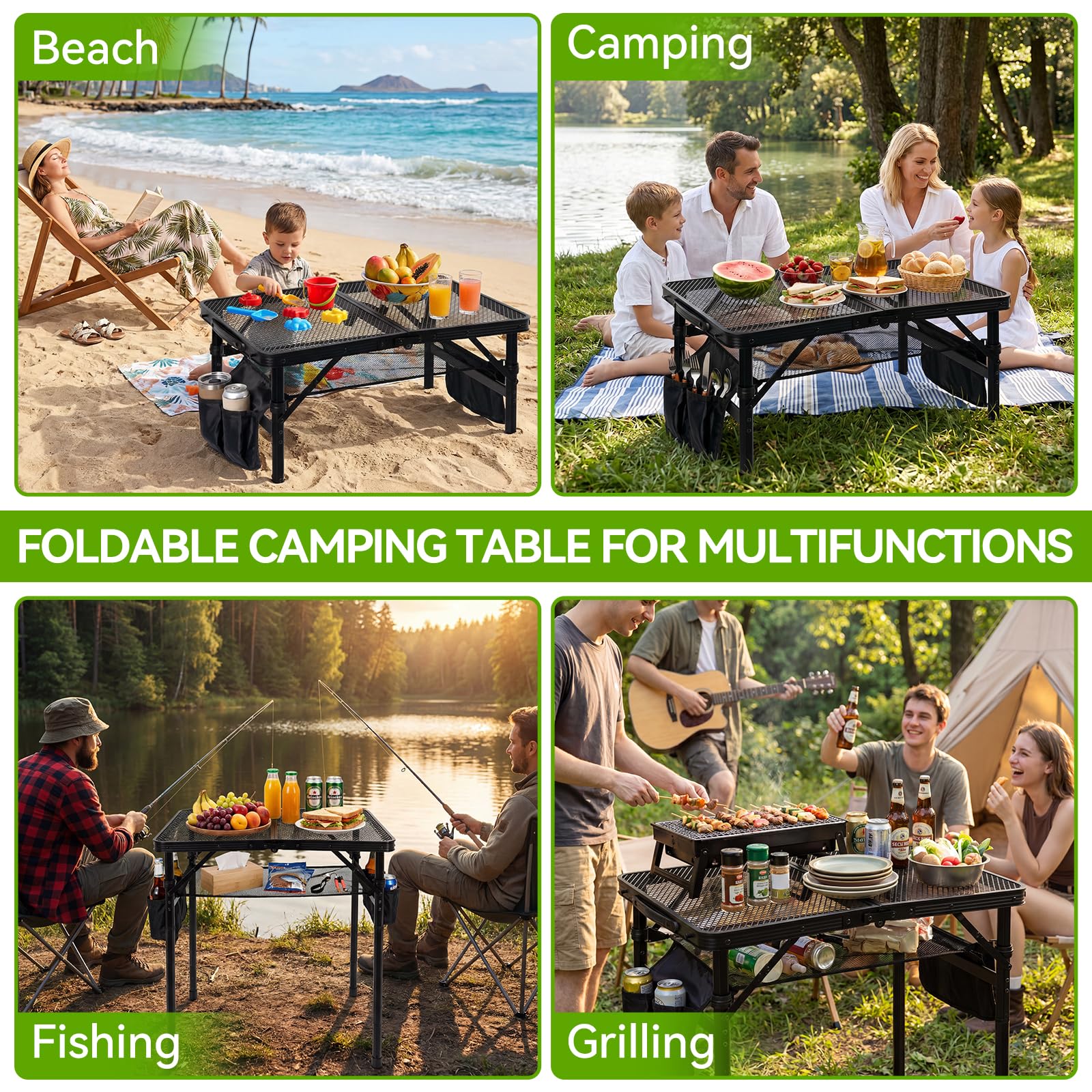 Campingtisch Klappbarer 60×40cm 3-Fach Höhenverstellbarer Grilltisch mit Metallgitter-Tischplatte und 2 Seitentaschen Faltbarer Gartentisch Klapptisch für Outdoor Garten Camping Picknick