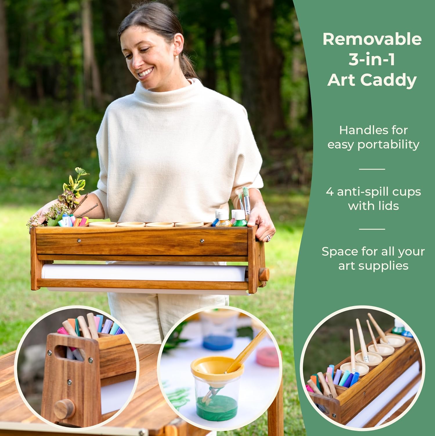 Guidecraft Acadia Outdoor Art Table and Stool Set: Kids Acacia Wood Arts and Crafts Table w/ 2 Chairs, Mobile Storage Paper Roll, and Paint Cups for Drawing, Painting and Toddler Picnic Activities