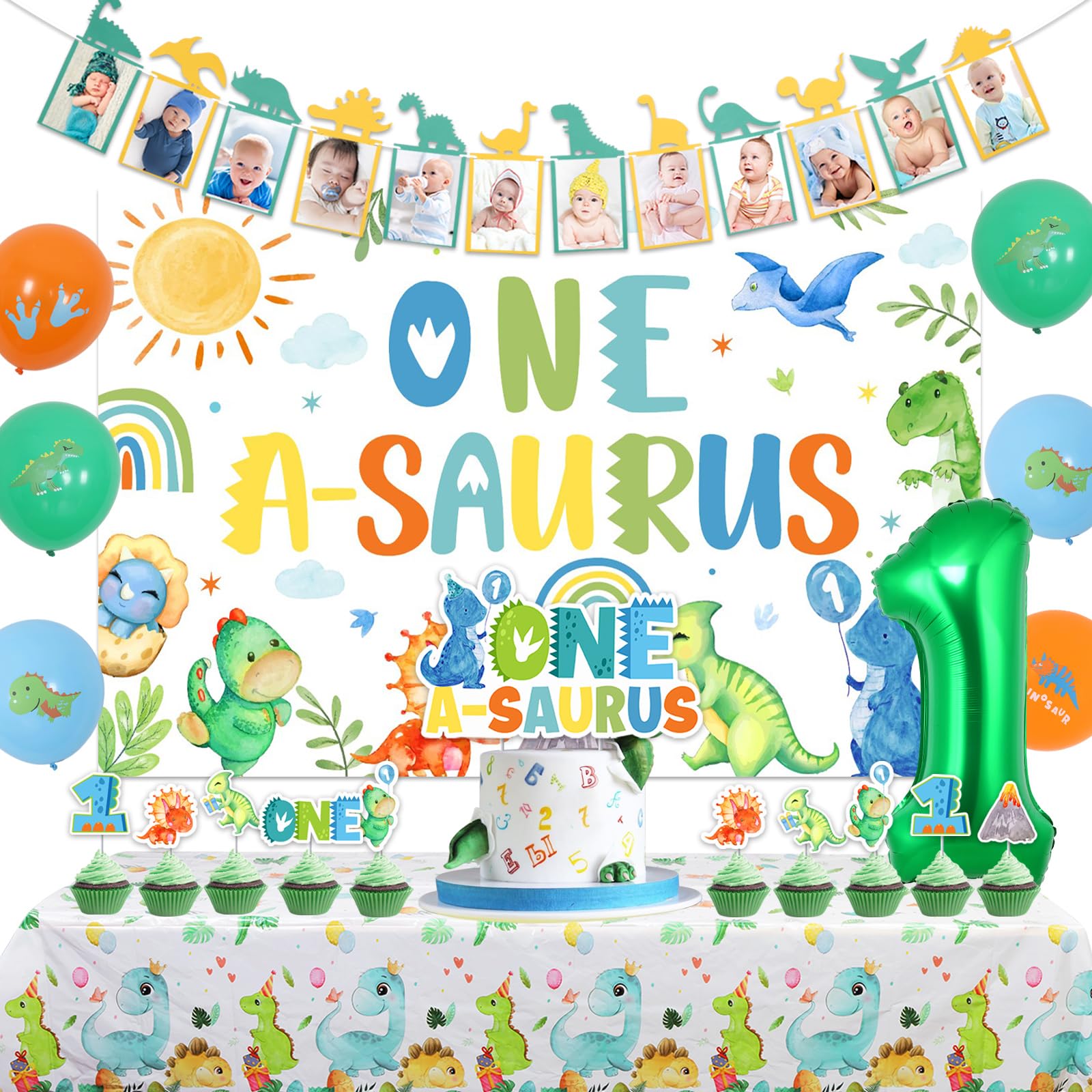 Balterever One a Saurus Birthday Decorations for Boys Dinosaur 1st Birthday Decoration with Dinosaur Birthday Photo Banner One a Saurus Birthday