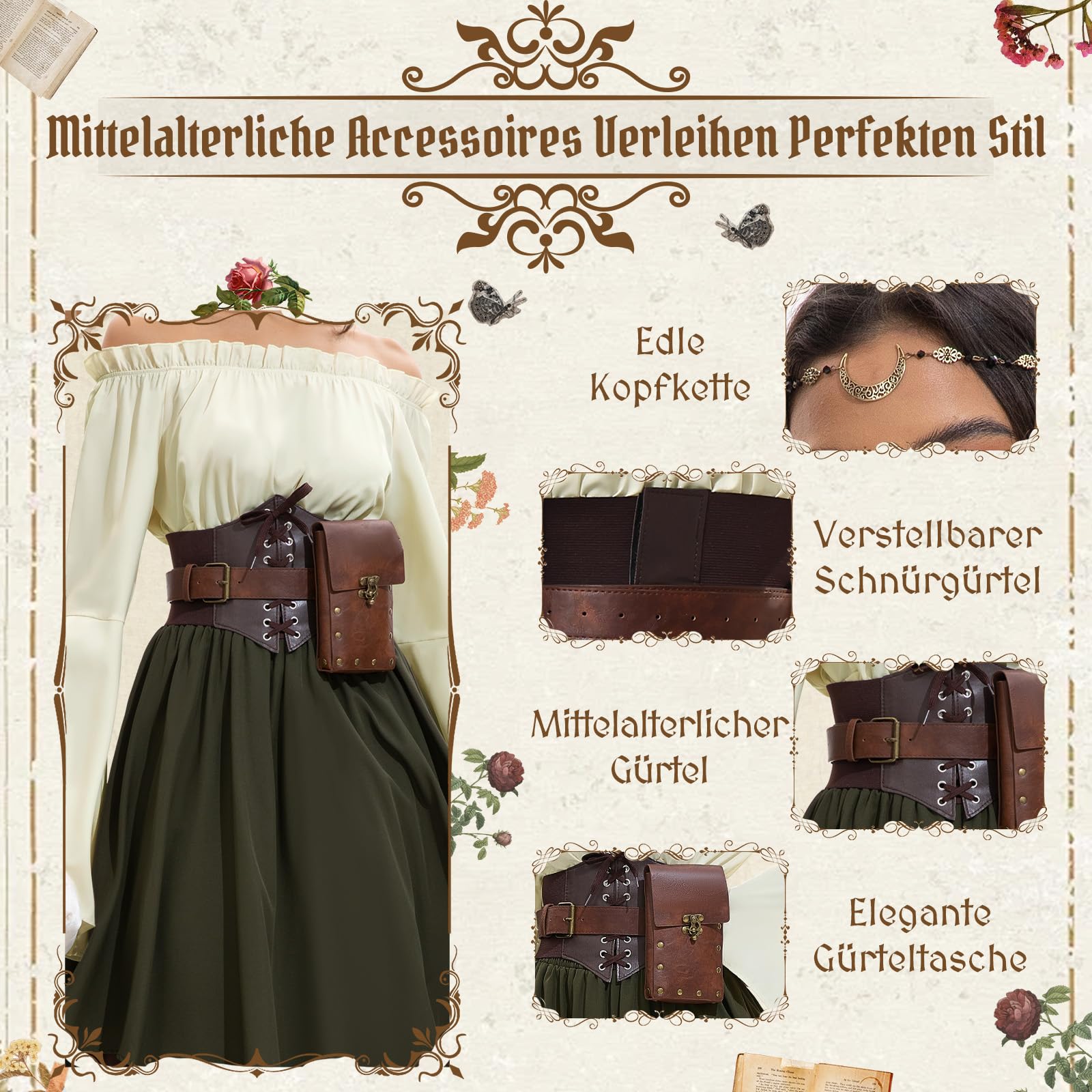 Mittelalter Kleidung Damen, Renaissance Kleid Damen und Off Shoulder Bluse mit Corsett, Gürteltasche, Kopfschmuck, Gürtel, Viktorianisches Kostüm für Halloween Karneval