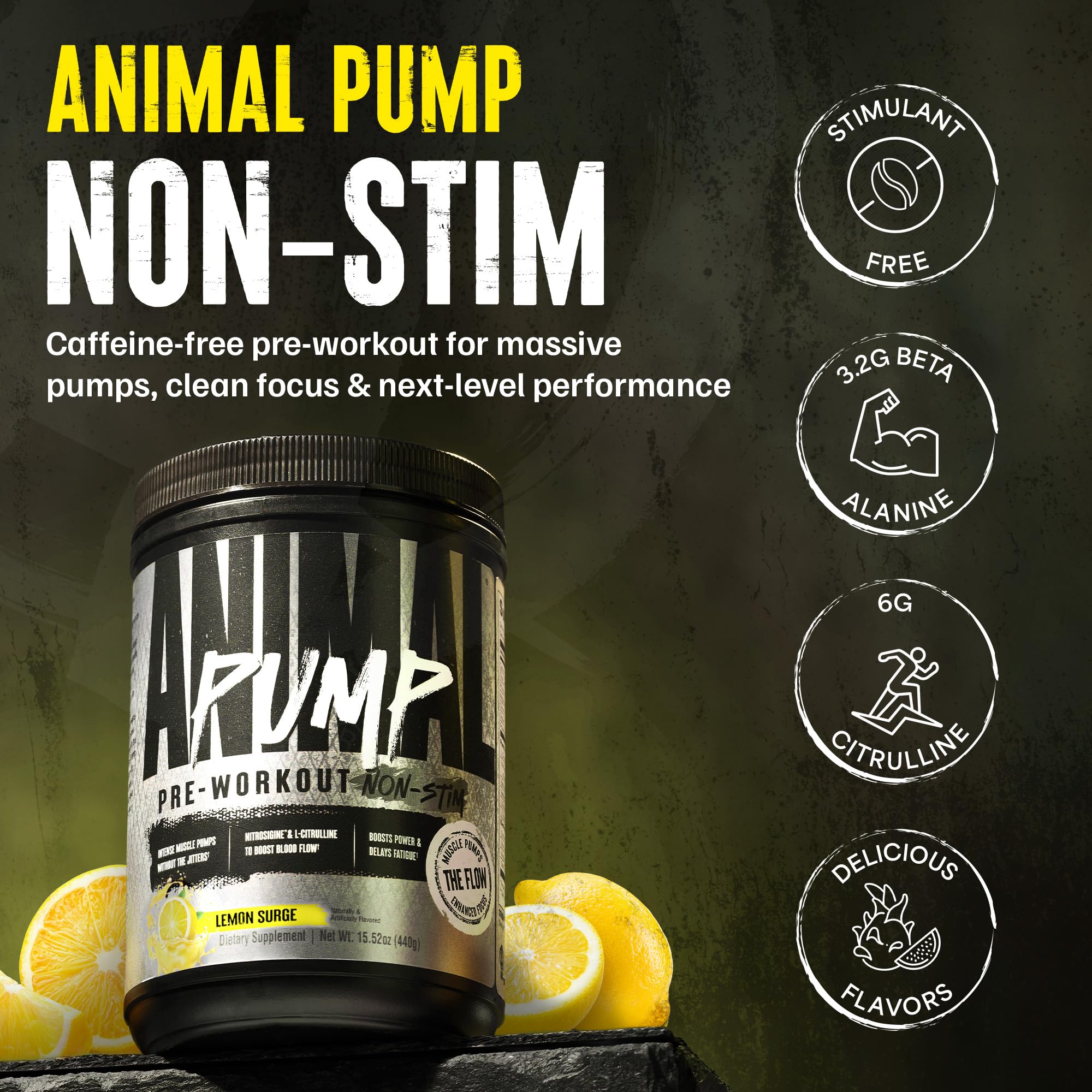 ANIMAL Pump Non-Stim Pre Workout Powder - koffeinfreies Preworkout für Energie, Fokus & Muskelaufbau, Beta Alanin, Citrullin, Nitrosigin und Nootropics, Lemon Surge, 442g