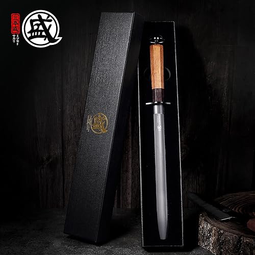 Miniatura 2 de MITSUMOTO SAKARI Varilla de afilar cuchillos japonesa de 10 pulgadas, afilador de cuchillos de cocina profesional, acero plano japonés de alto