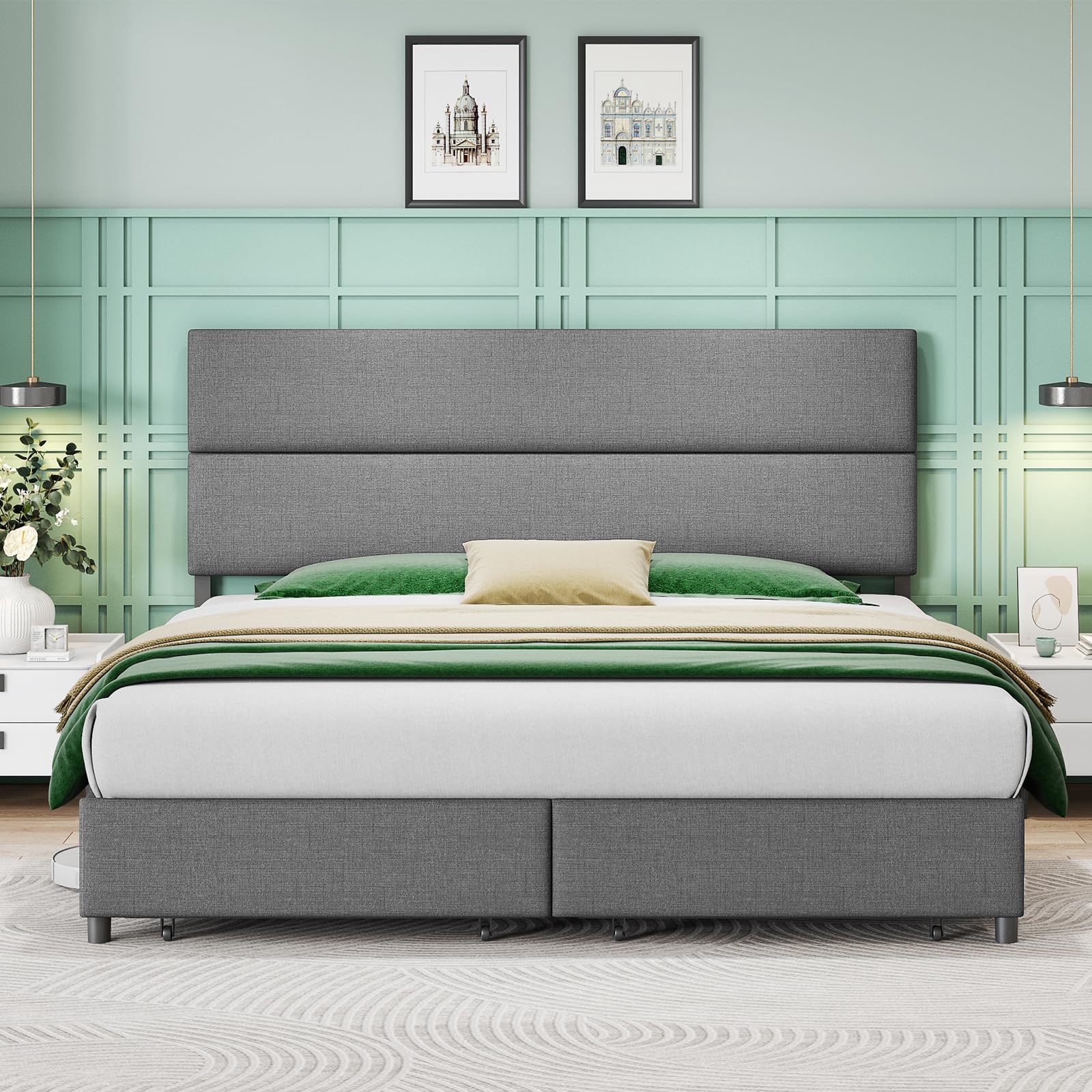 AMERLIFE Full Size 47.6" Upholstered Bed Frame with 2 Drawers, Linen Platform Bed with Height Adjustable Headboard/No Box Spring Needed/Light Grey