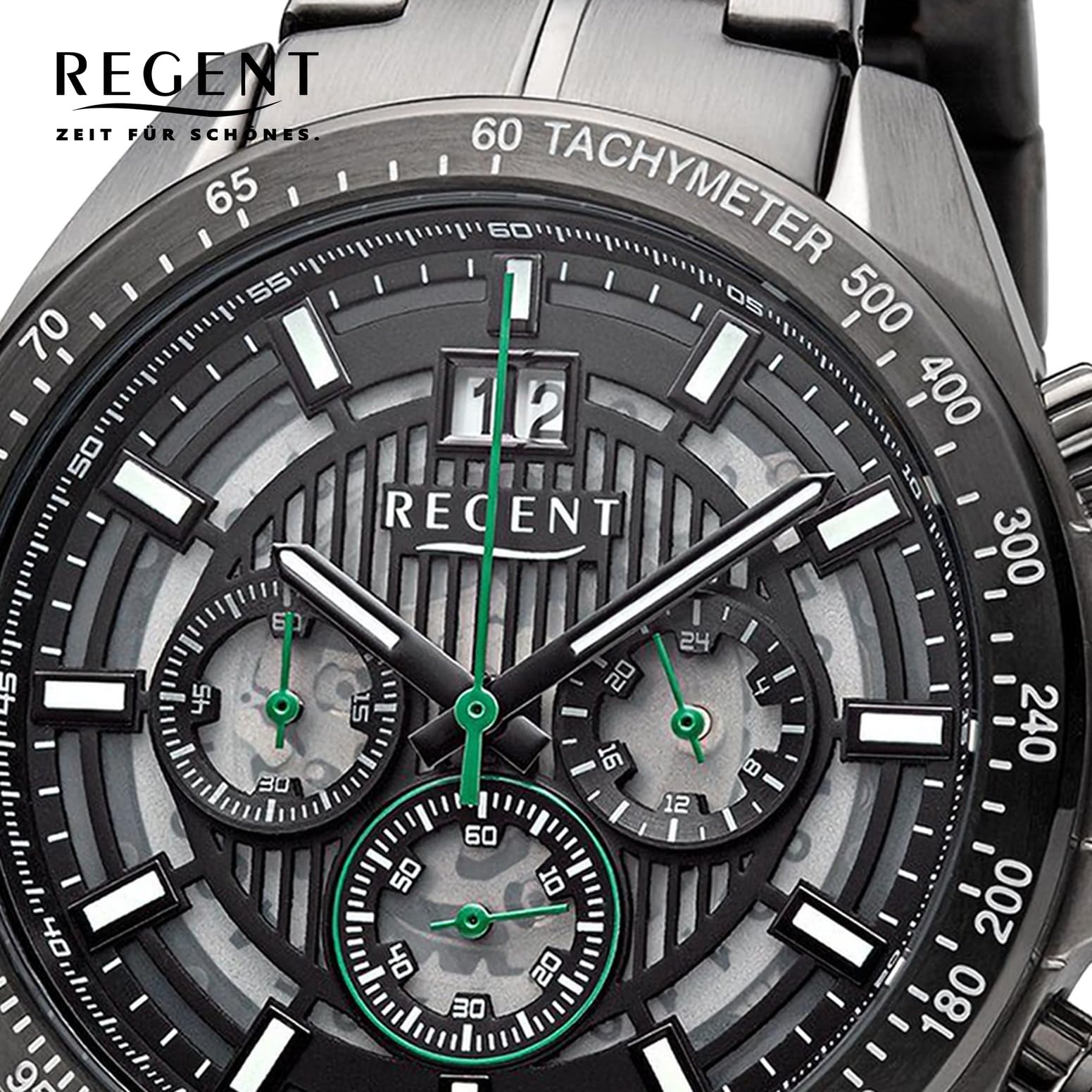 REGENT Orologio da uomo, cronografo, in acciaio inox, con cinturino a maglia, analogico, 10 ATM, BA-832, Pistola-nero-verde, Bracciale