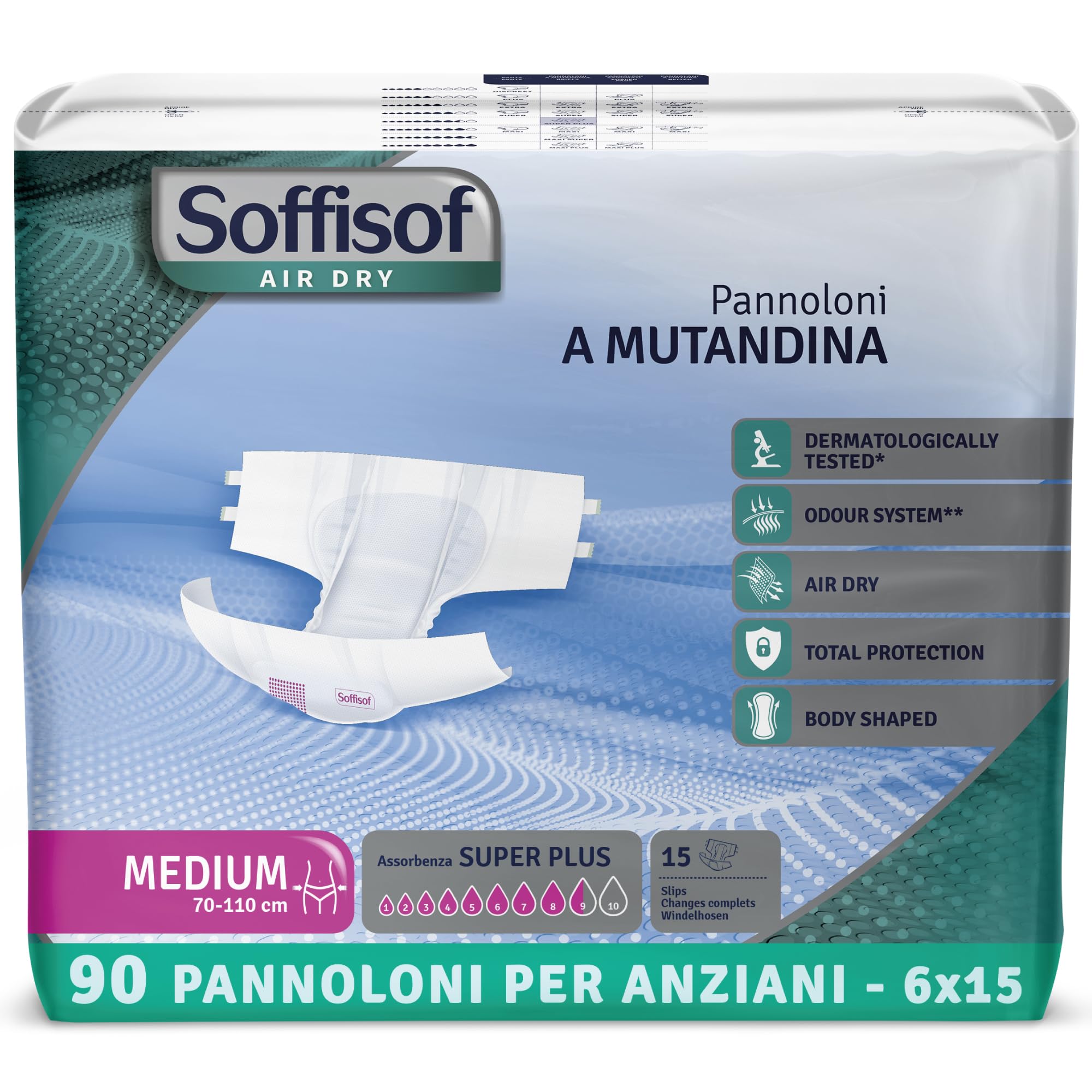 Soffisof Air Dry Windeln für Erwachsene Super Plus M - 90x Inkontinenz Slip - 6 Packungen mit 15 Windelhosen, 8.5 Tropfen - Inkontinenzwindeln