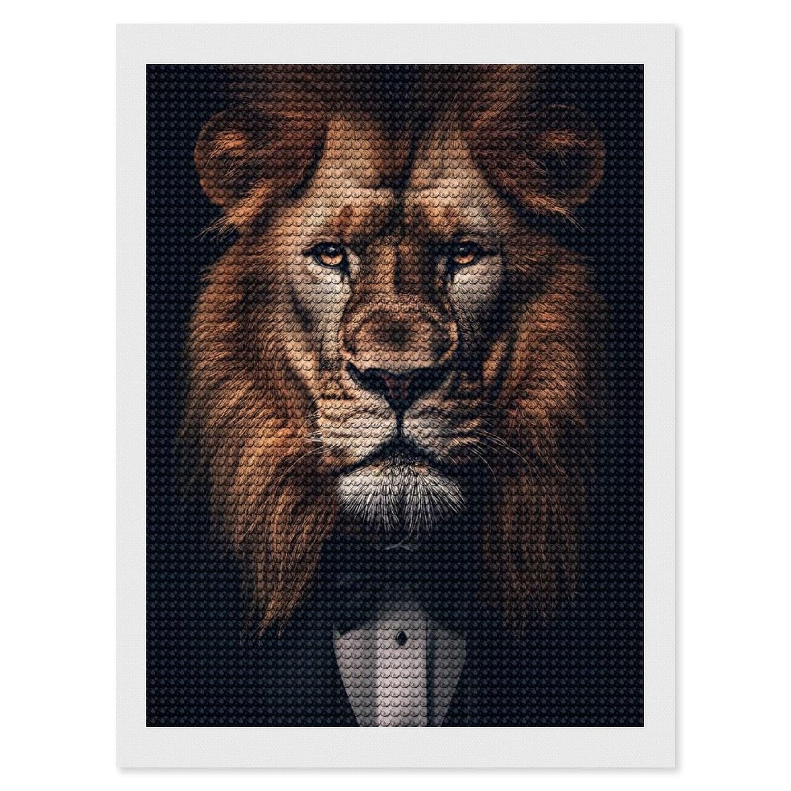 Junmoney Lion in Tuxedo DIY Diamond Art Canvas Kit 12"x16", for Teens, Finish and Display, Holiday Gift Idea, Vintage Style Decor