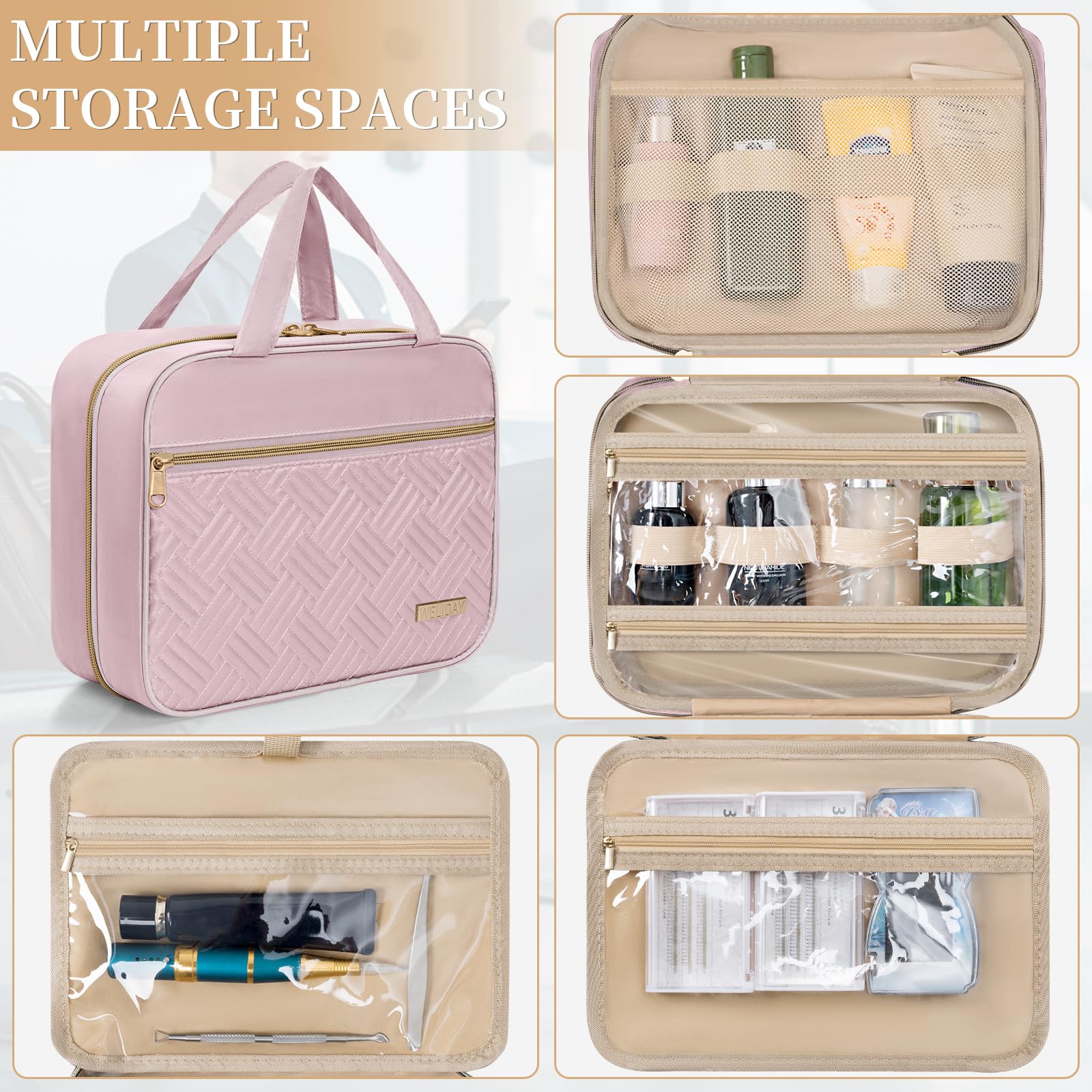 Neceser de viaje, espaciosa bolsa de aseo con gancho para colgar, bolsa de maquillaje impermeable para mujeres y hombres, artículos esenciales de viaje, Rosa, M