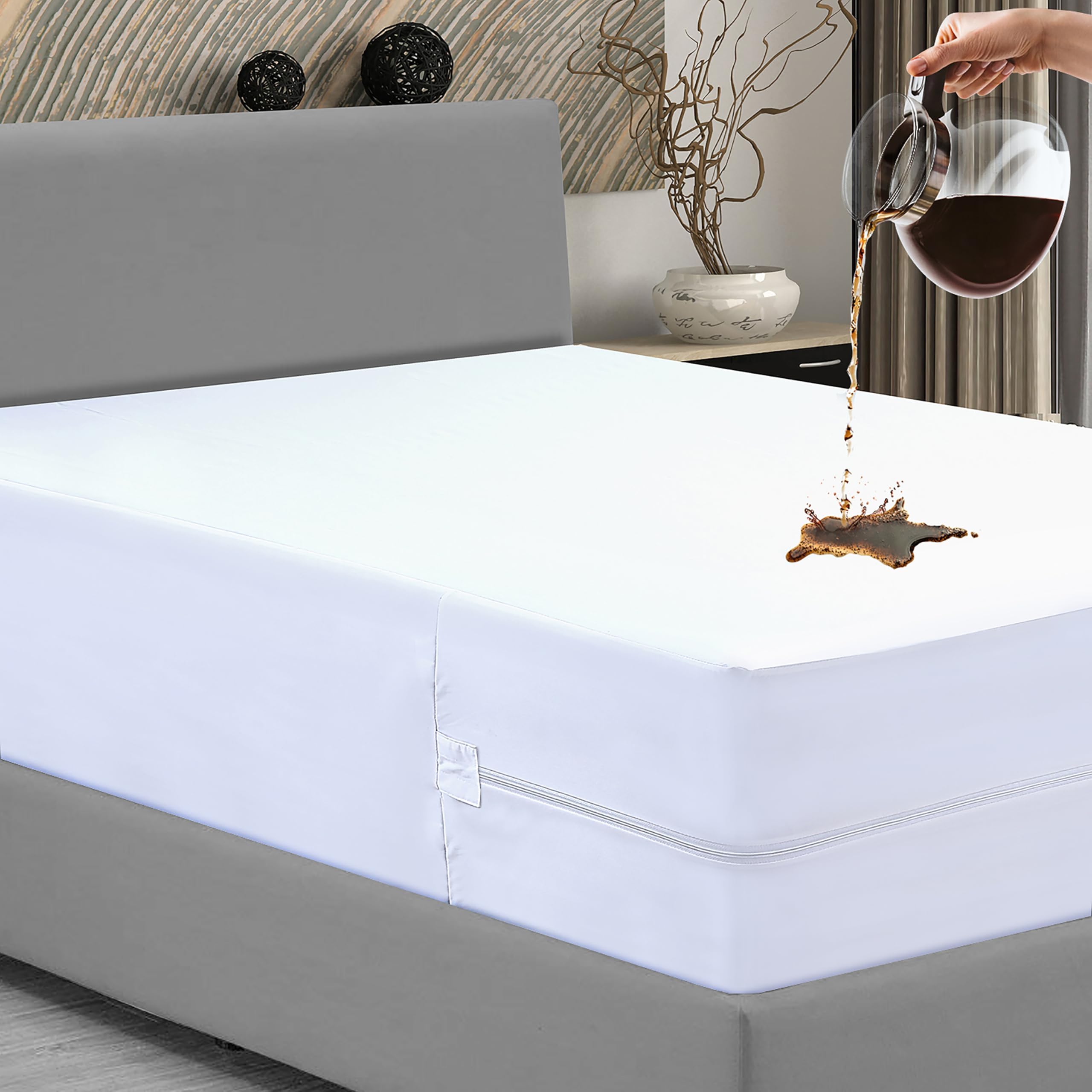 Bed Bug Mattress Protector, Anti Allergy Fully Zipped Waterproof Mattress Encasement with Zip dust mite cover King size (152 x 200+30cm)