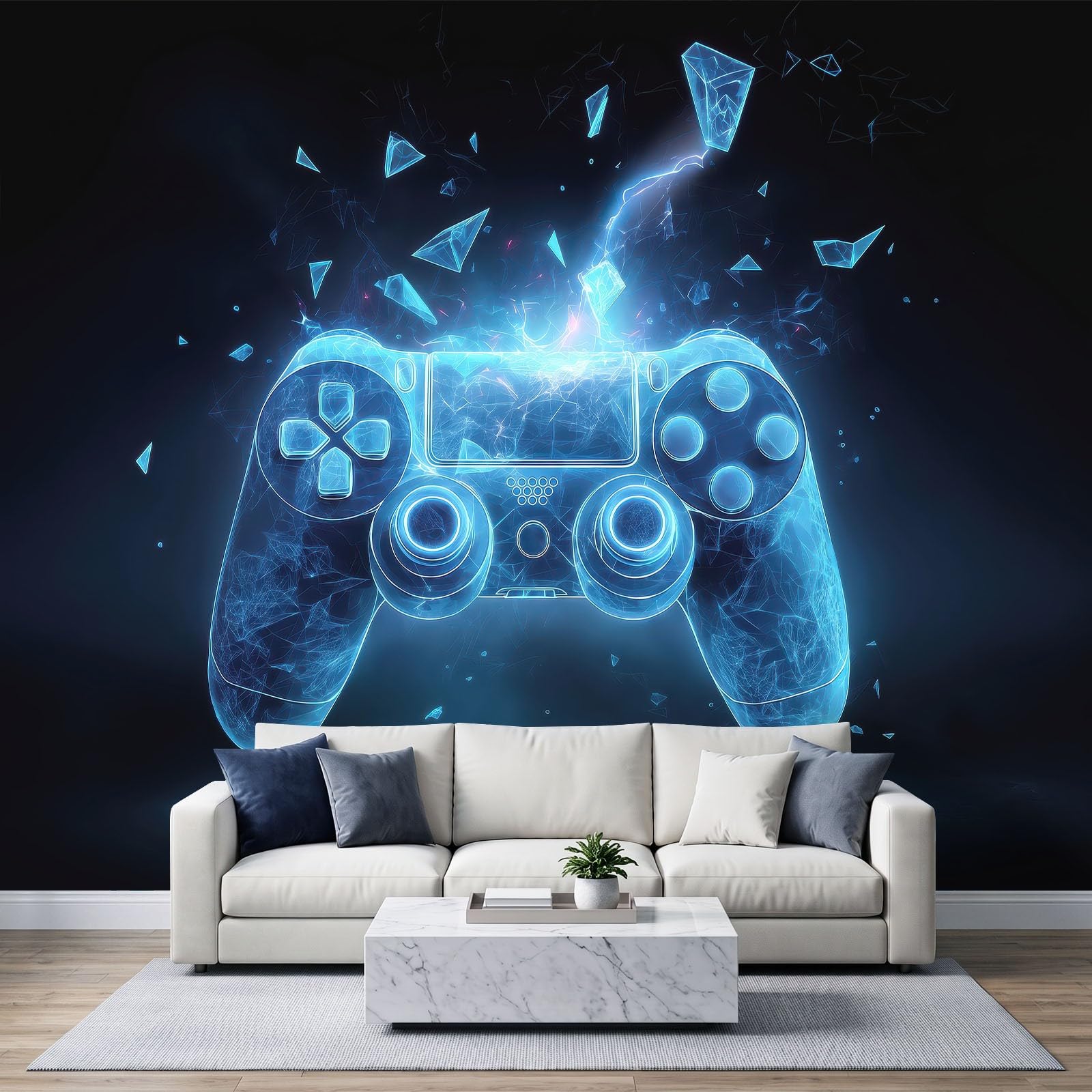 Holographic Style Wall Mural 150x105cm, Game Controller Neon Lines Teenager Gaming Room Non-Woven Fleece Photo Wallpaper, Premium Art Print - Mural Wallpaper Decoration for Bedroom Living Roo