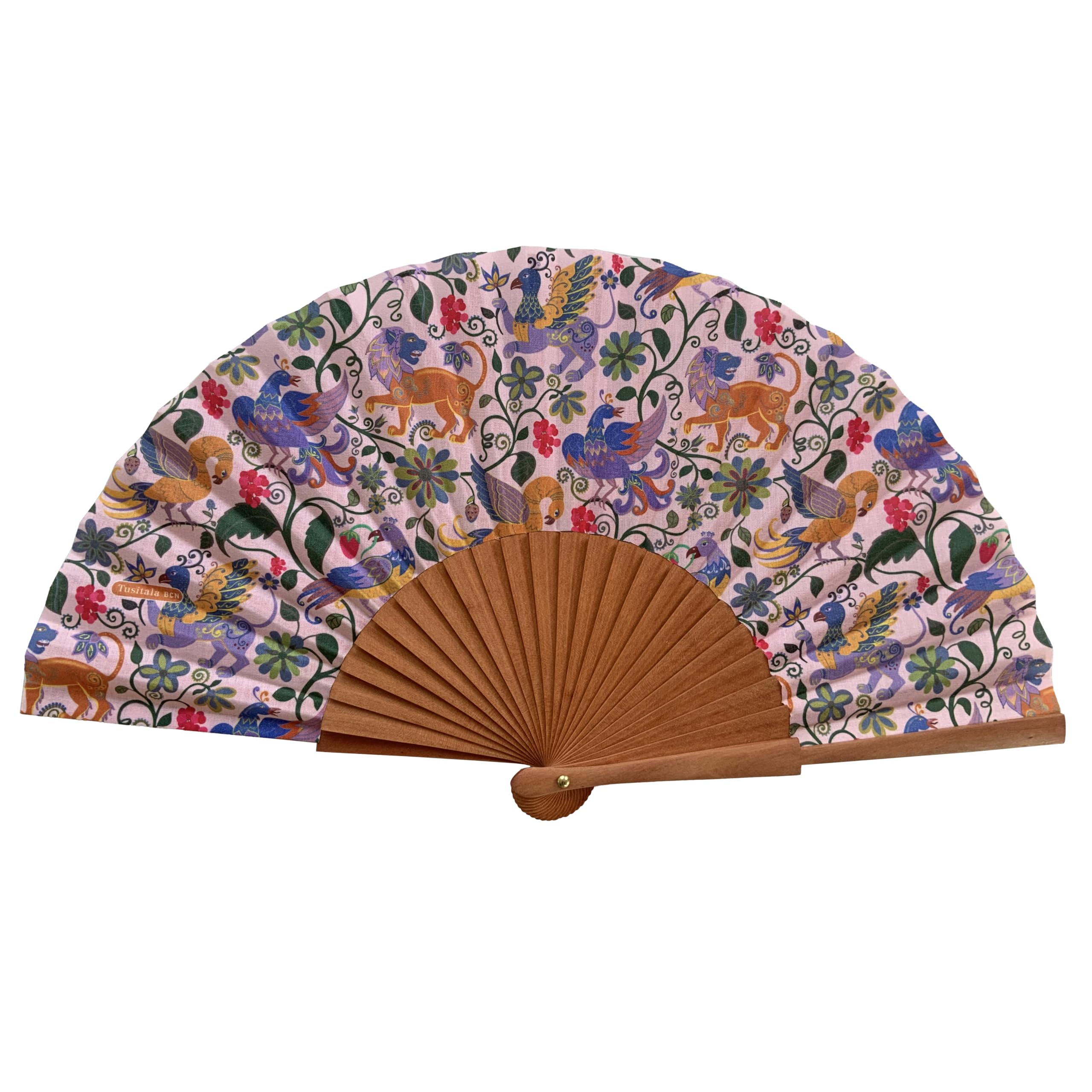 Tusitala Barcelona Bestiaire Spanish Fan - Wood and Cotton - 23 cm - Jute Case and Case - Fashion Accessory - Handmade in Spain - Events and Gifts - Alzar la Mirada Collection
