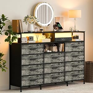 55 Inch TV Stand Dresser with 11 Fabric Drawers, LED Lights & Charging Station, Steel Frame Wood Top Storage Cabinet for Bedroom Hallway,Grey