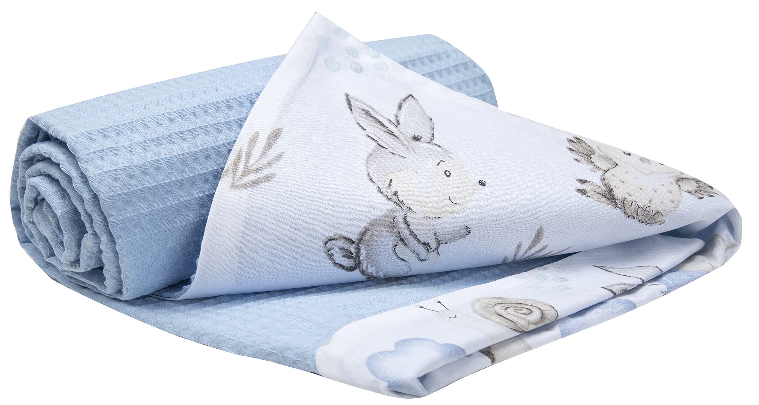 Medi Partners Baby Blanket Newborn Pram Soft 100% Cotton 75x100 Cot Toddler Comfort universal Cuddly Fluffy Crawling Plush bilateral Blankets (Deer and Hedgehogs with light blue Waffle)