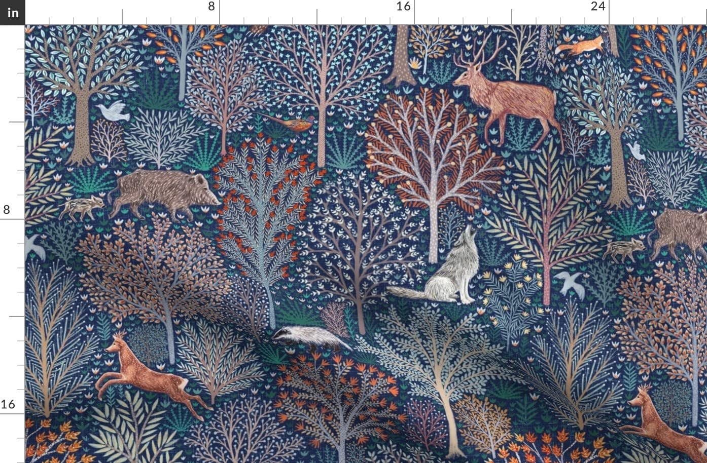 Spoonflower Fabric - Woodland Animals Forest Creatures Nighttime Rustic Trees Printed on Organic Cotton Sateen Fabric by The Yard - Sewing Quilting Apparel Home Decor