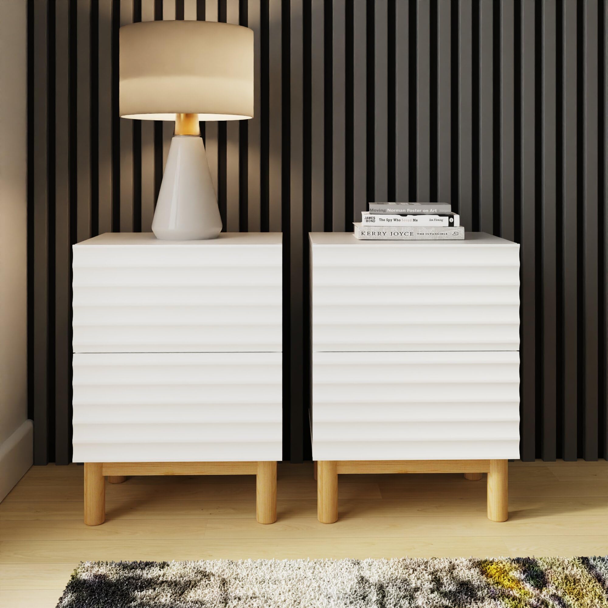 GFW Karla Ribbed 2 Drawer Bedside Table Pair - White - Modern Style