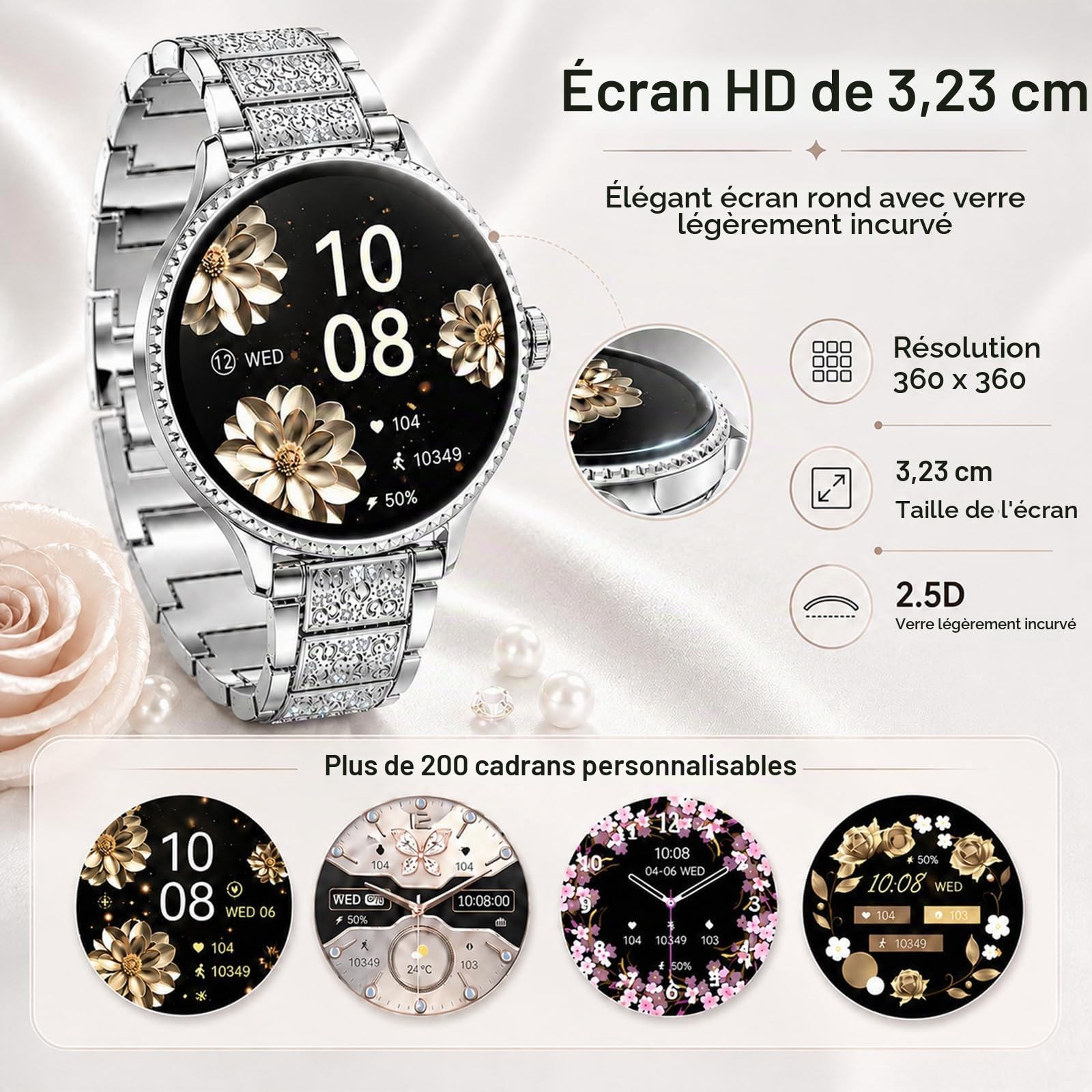 Montre Connectée Femme Ronde avec Appel Bluetooth, 1,27" Smartwatch Femme avec Bracelet en Acier avec Strass, SpO2 Fréquence Cardiaque Sommeil, 120+ Modes Sport, Étanche IP68 pour Android iOS, Argent