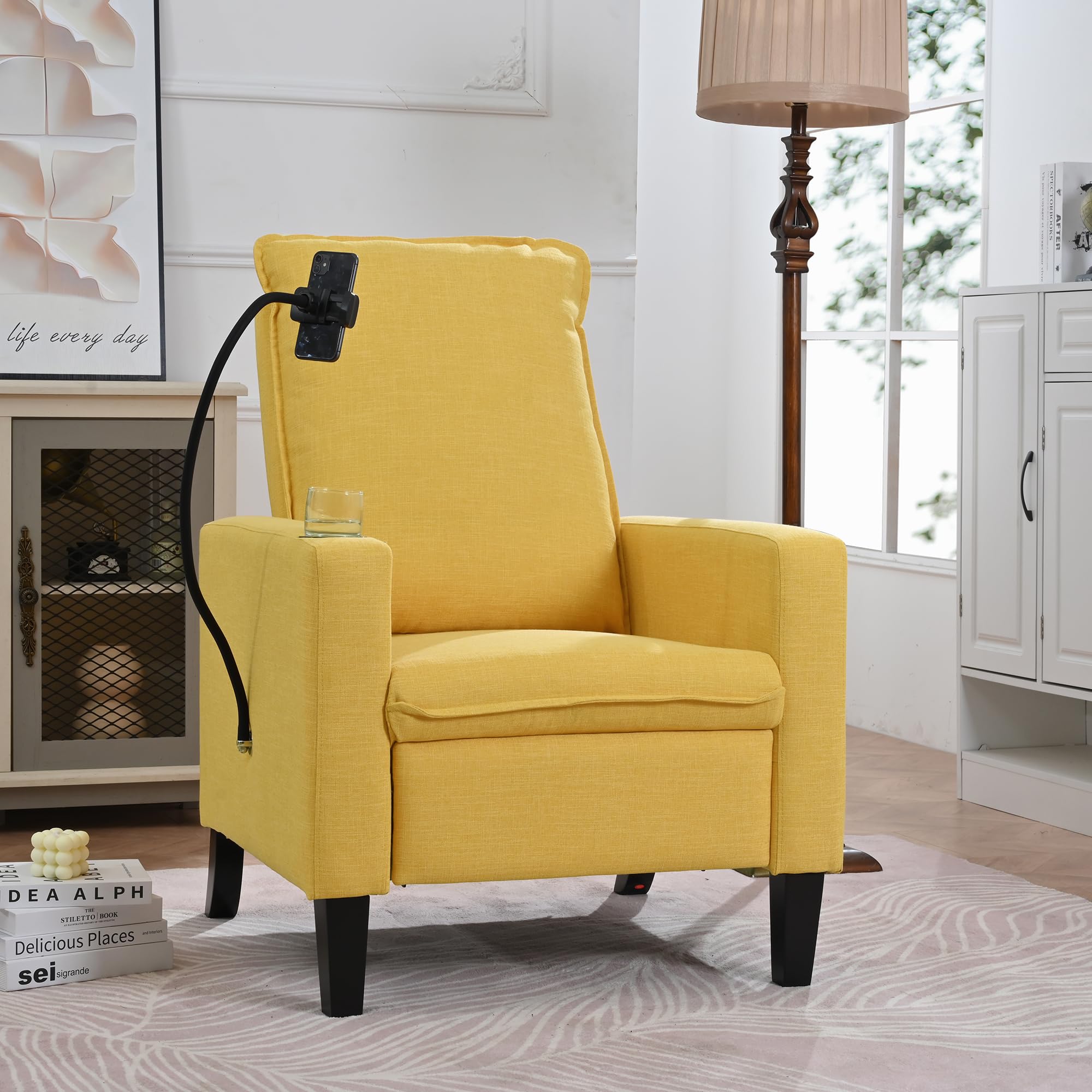 Hommoo Recliner Chair for Living Room Bedroom Modern Reclining Chair with Adjustable Polyester Fabric Comfortable Reading Chair for Adult with Cup Holder Arm Chair with Wood Leg Yellow