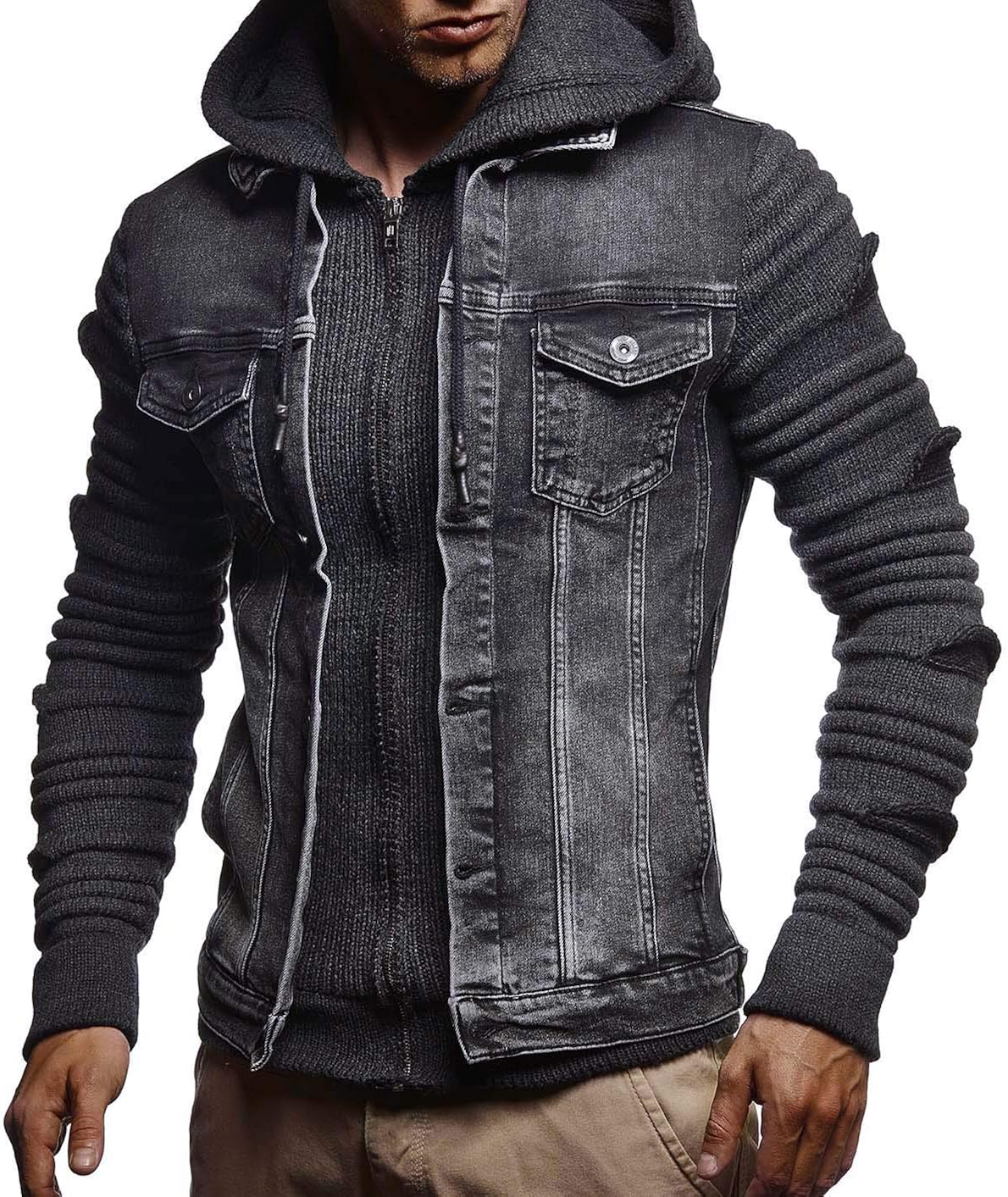 jean jacket with sweater sleeves and hood