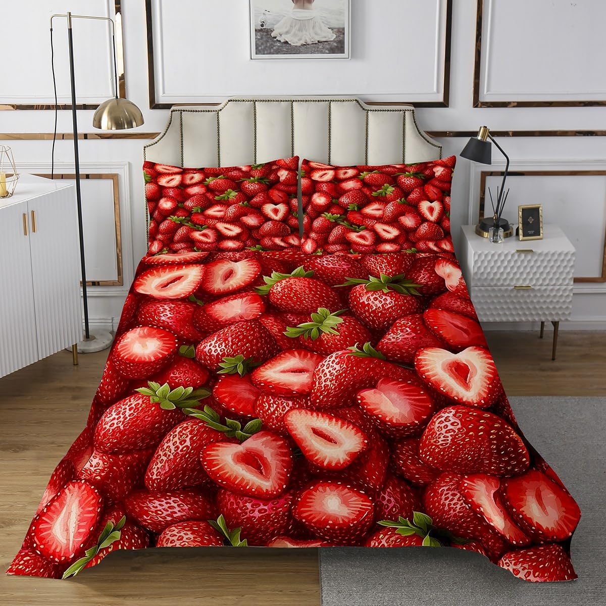 Manfei Cute Strawberry Bedspread Twin Size, Kawaii Fruits Coverlet Set 2pcs, Red Strawberries Print Quilted Coverlet with 1 Pillowcase, Kids Girls Teens Room Decor, Soft Bedding Quilt