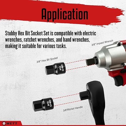 Miniatura 7 de WETT Juego de destornilladores hexagonales de impacto de perfil bajo de 38 pulgadas, juego de llaves hexagonales rechonchas, acero Cr-Mo,