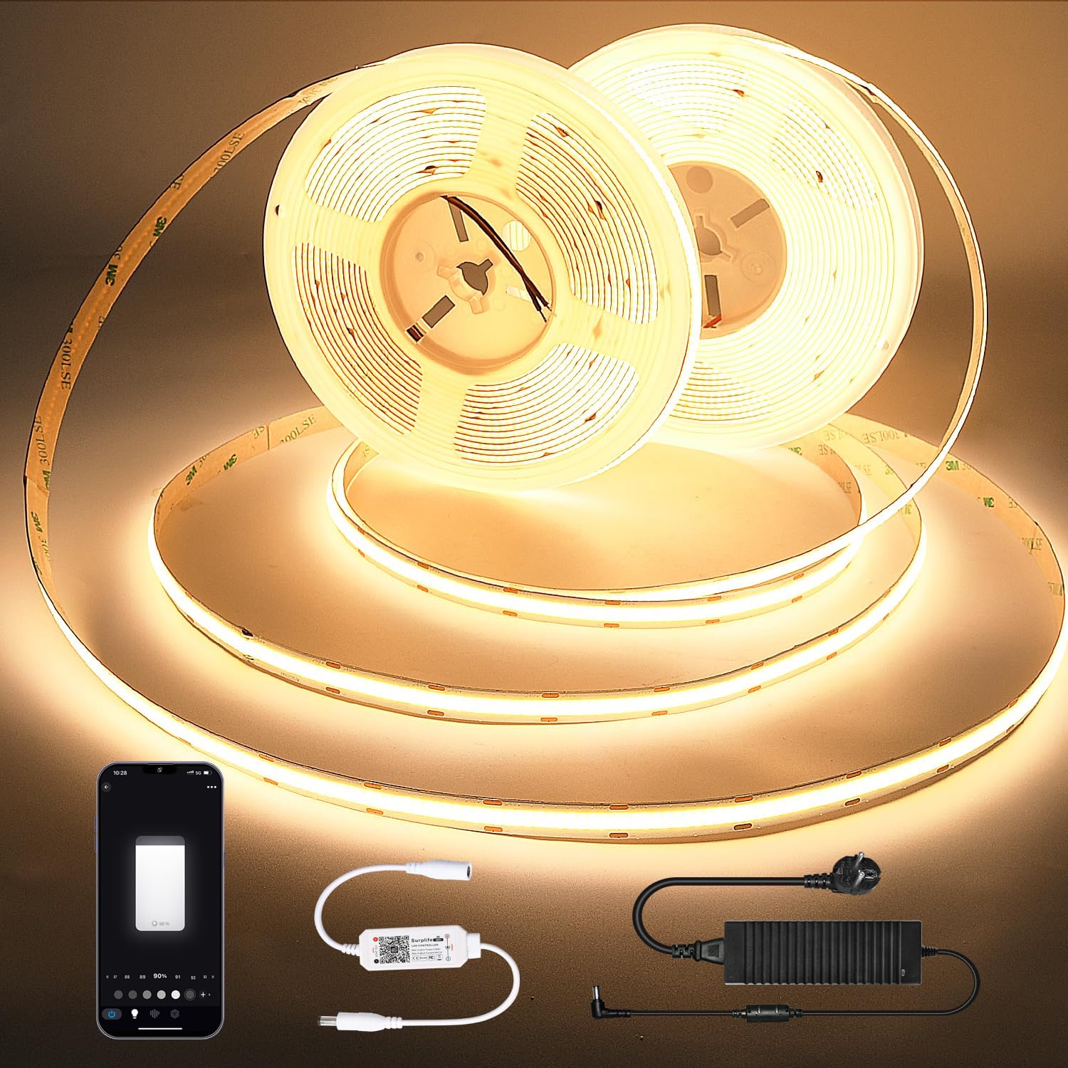 15M Wi-Fi LED Streifen COB - Warmweiss | 24V Mit Fernbedienung, Dimmbar, Timing Funktion, Musik-Sync, Dekoration für Küchenschränke, Feiertage