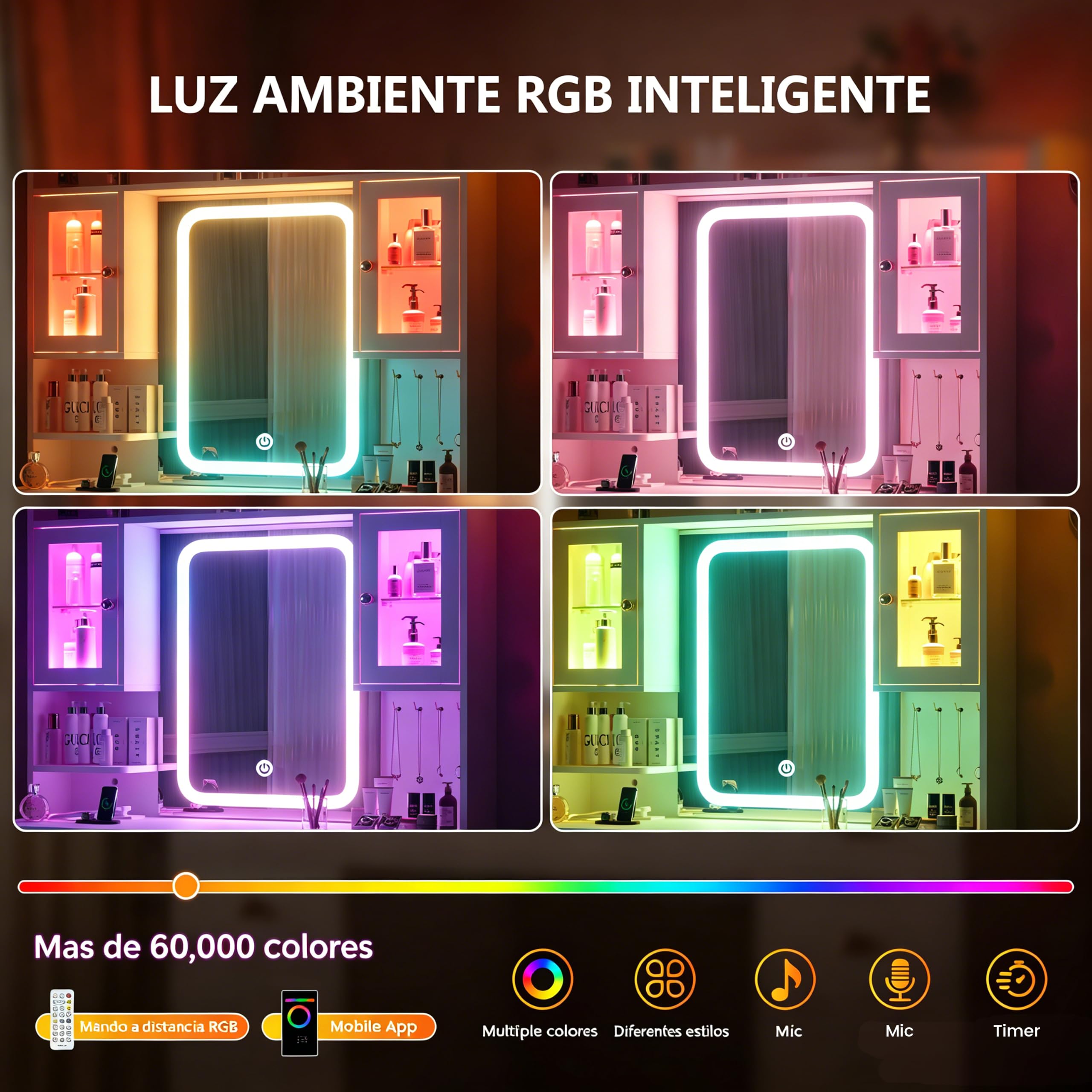YOUDENOVA Tocador Maquillaje con Espejo LED, Tocador Grande con 2 Vitrinas RGB, 7 Cajones, Organizador de Joyas, Iluminación Regulable, Enchufes y USB Integrados, Mesa de Maquillaje Moderna, Blanco