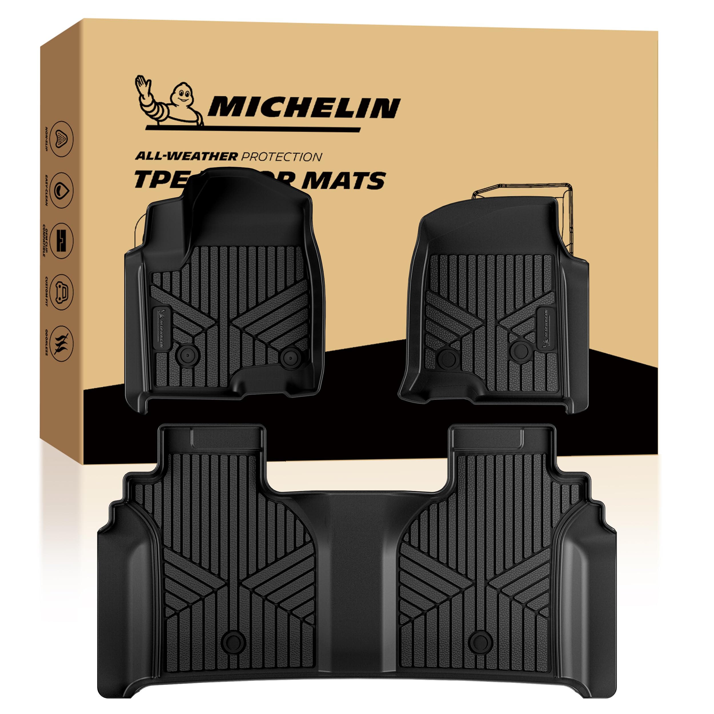Photo 1 of Michelin Vehicle Mats, All-Weather TPE Custom Fit Liner for 2019-2026 Silverado/Sierra 1500, 2020-2026 2500/3500, Crew Cab Bucket Seat Carpet Floor with Rear Under-Seat Storage, Premier B