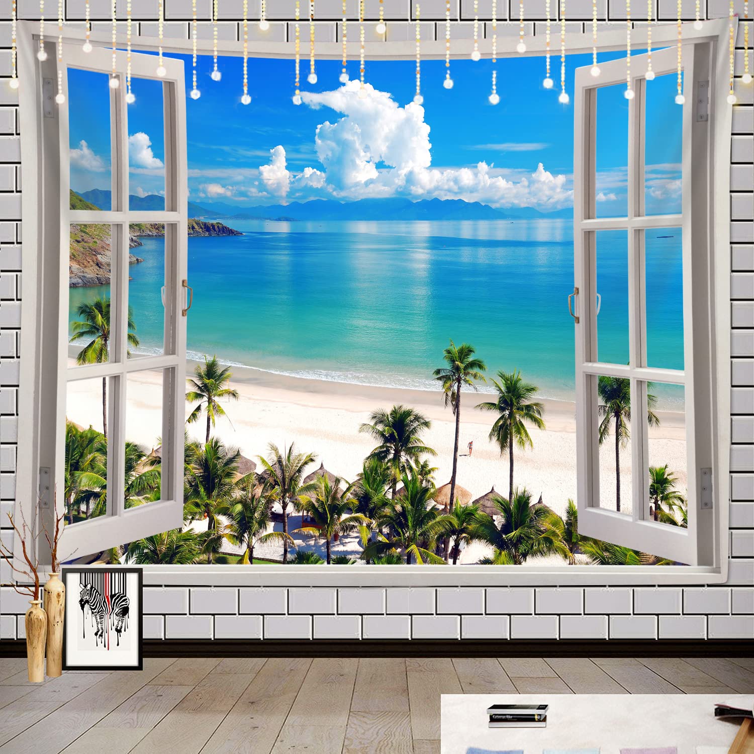 Ocean Beach Tapestry, Hawaii Sea Nature Fake Faux Window Art Tapestries Wall Hanging For Bedroom College Dorm Living Tropical Summer Room Office Decor 60X40