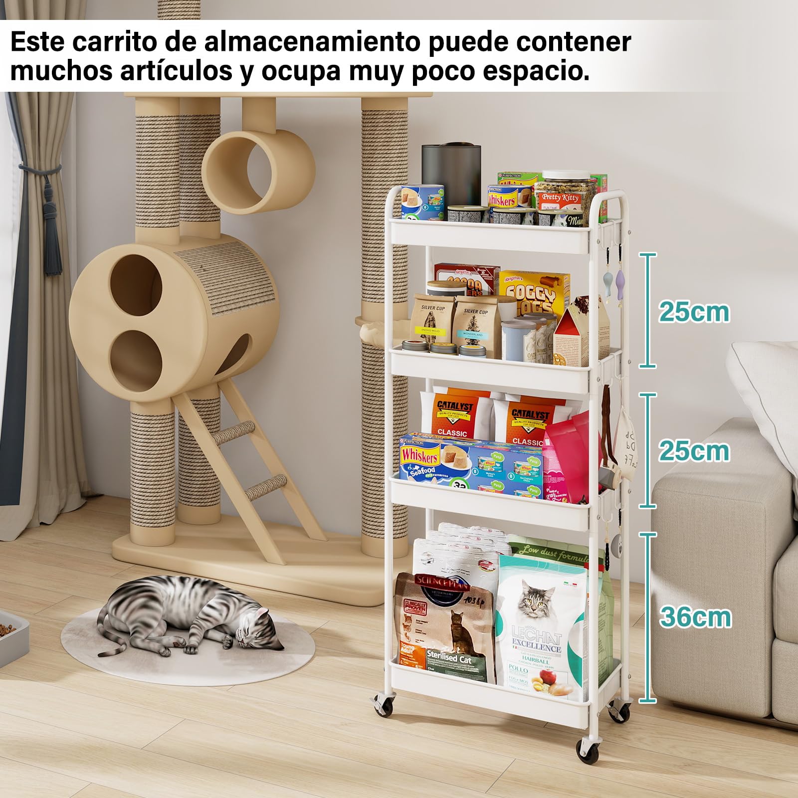 PUNCIA Carro de Almacenamiento de 4 Niveles Carrito de Servicio de Metal | Carrito Auxiliar Metálico con 6 Ganchos para Cocina Baño Salón Estantería con Ruedas Organizador Móvil Estantes Blanco