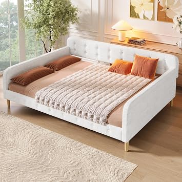 SOFTSEA Queen Size Daybed Frame, Upholstered Linen Button Tufted Day Bed with Wood Slats Support for Small Space, Apartment, Bedroom, Living Room, No Box Spring Needed, Easy Assembly, Beige