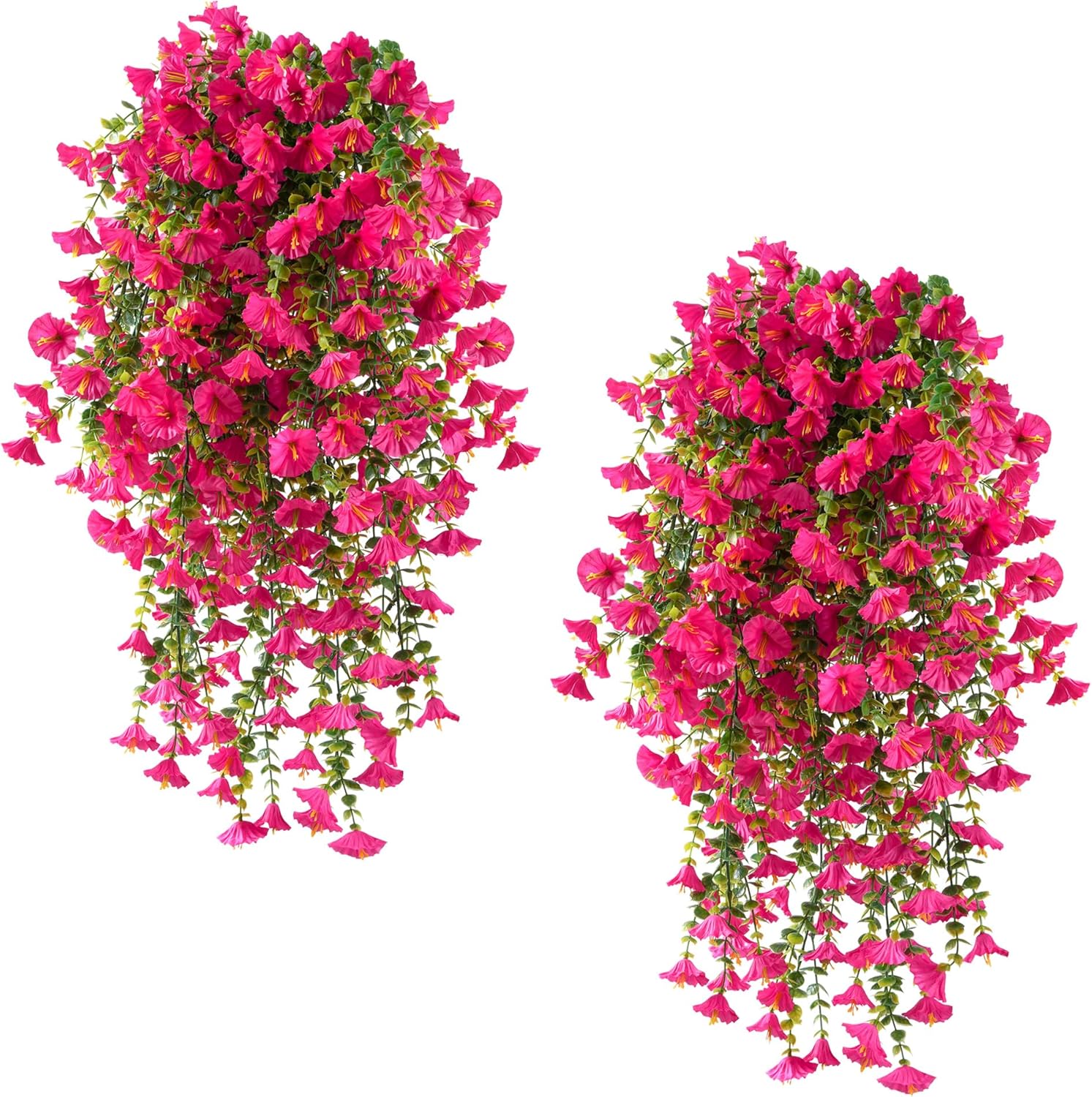 Fanfantoey Artificial Hanging Flowers for Outdoors, 2Pcs UV Resistant Fake Flowers, Realistic Faux Petunias Silk Long Vines Morning Glory Eucalyptus for Outside Planter Porch Patio Decor, Hot Pink