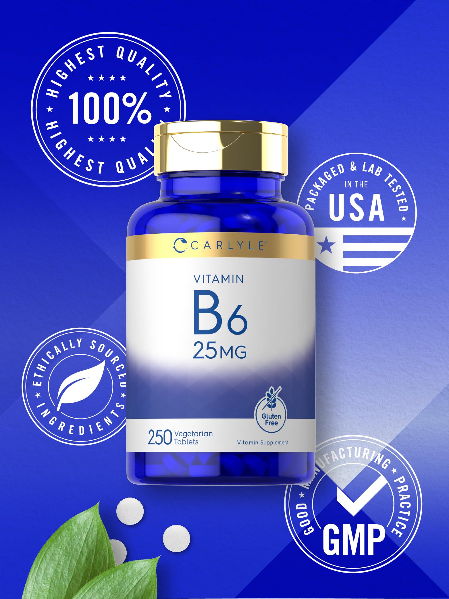 Carlyle Vitamin B6 | 25 mg | 250 Tablets | Supplement for Women and Men | as Pyridoxine Hydrochloride | Vegetarian, Non-GMO, and Gluten Free