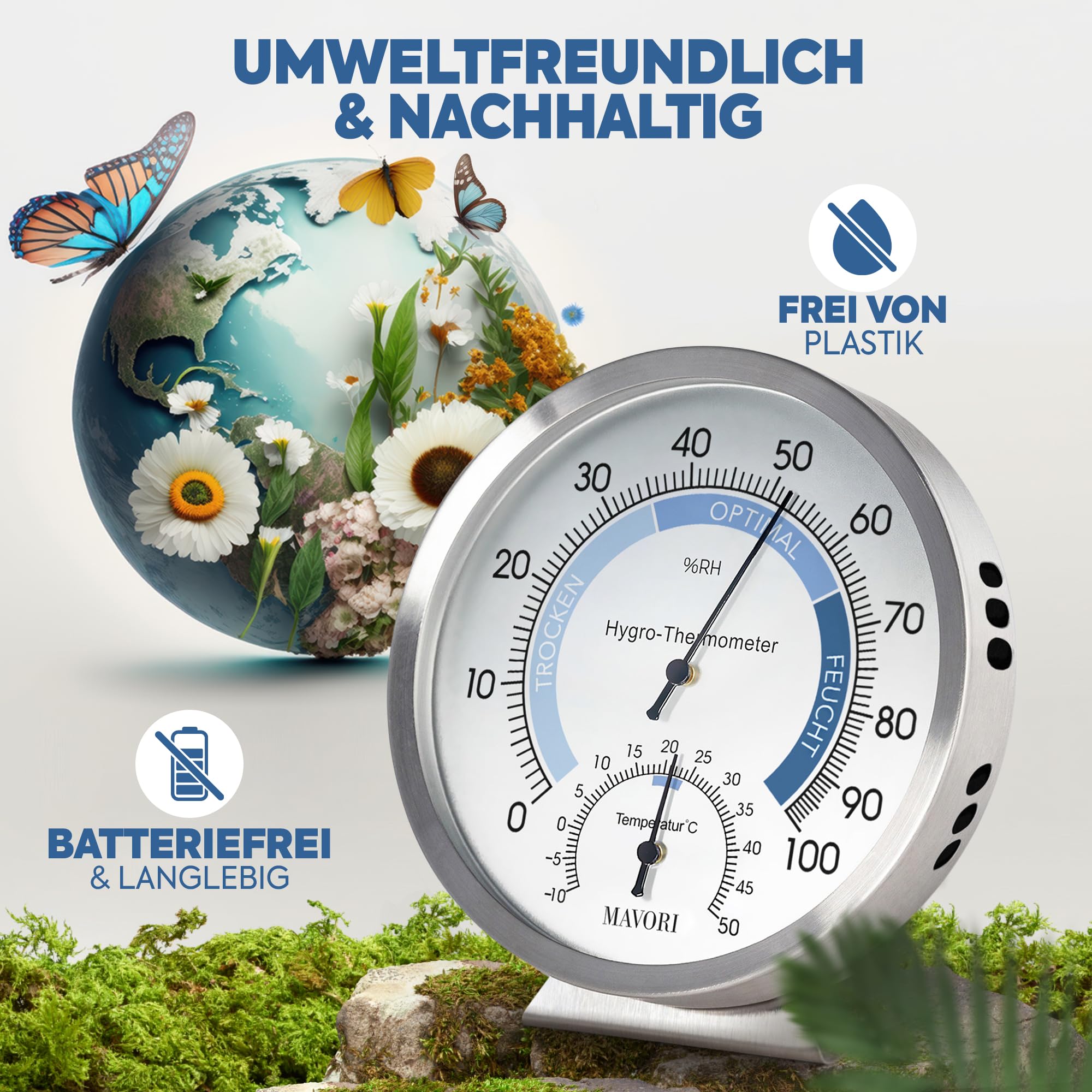 2in1 Hygrometer innen analog und Thermometer analog innen aus Edelstahl - Thermometer Hygrometer analog - Temperatur und Luftfeuchtigkeitsmesser innen für ein gesundes Raumklima - Ø 12,5cm