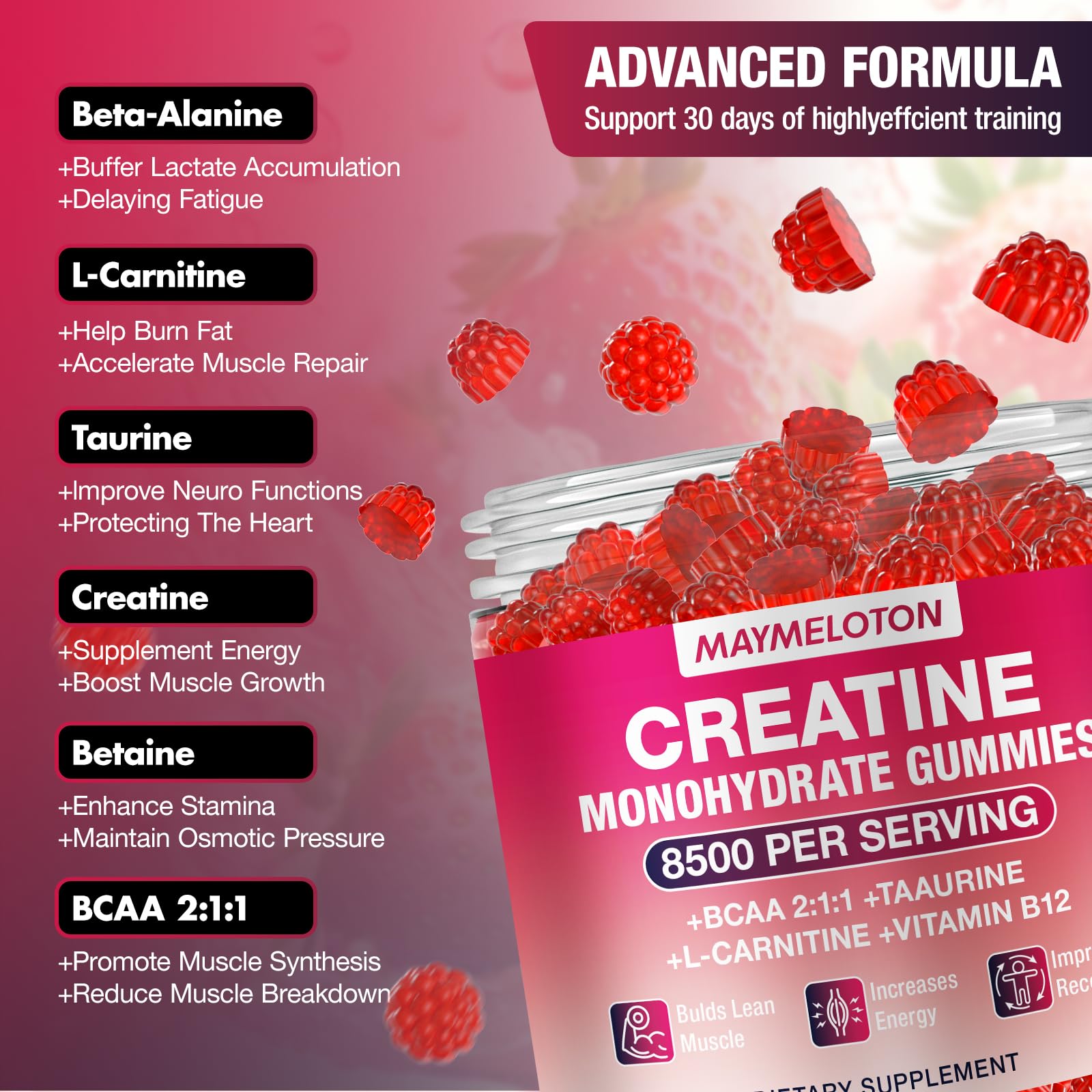 Creatine Gummies for Women & Men, 120 Count Creatine Monohydrate Gummies, Creatine Supplement for Muscle Strength, Workout Performance, Energy Support & Recovery, Pre & Post Workout, Raspberry Flavor — Amazon image 2