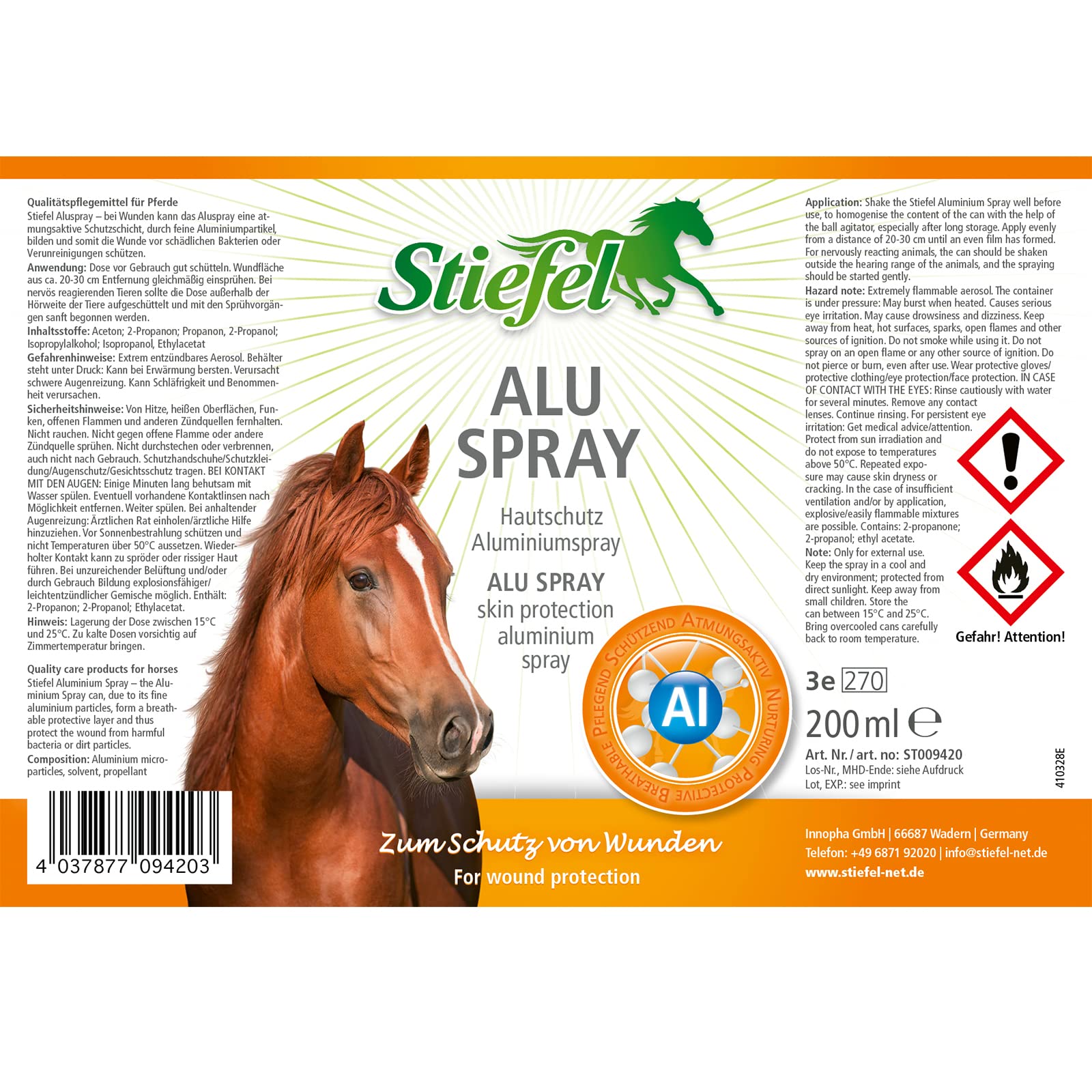Stiefel Aluspray pour Chevaux - Spray de Protection des plaies avec Particules d'aluminium - Forme Une Couche protectrice Respirante - Favorise la cicatrisation des plaies - Brume Fine - 200 ML