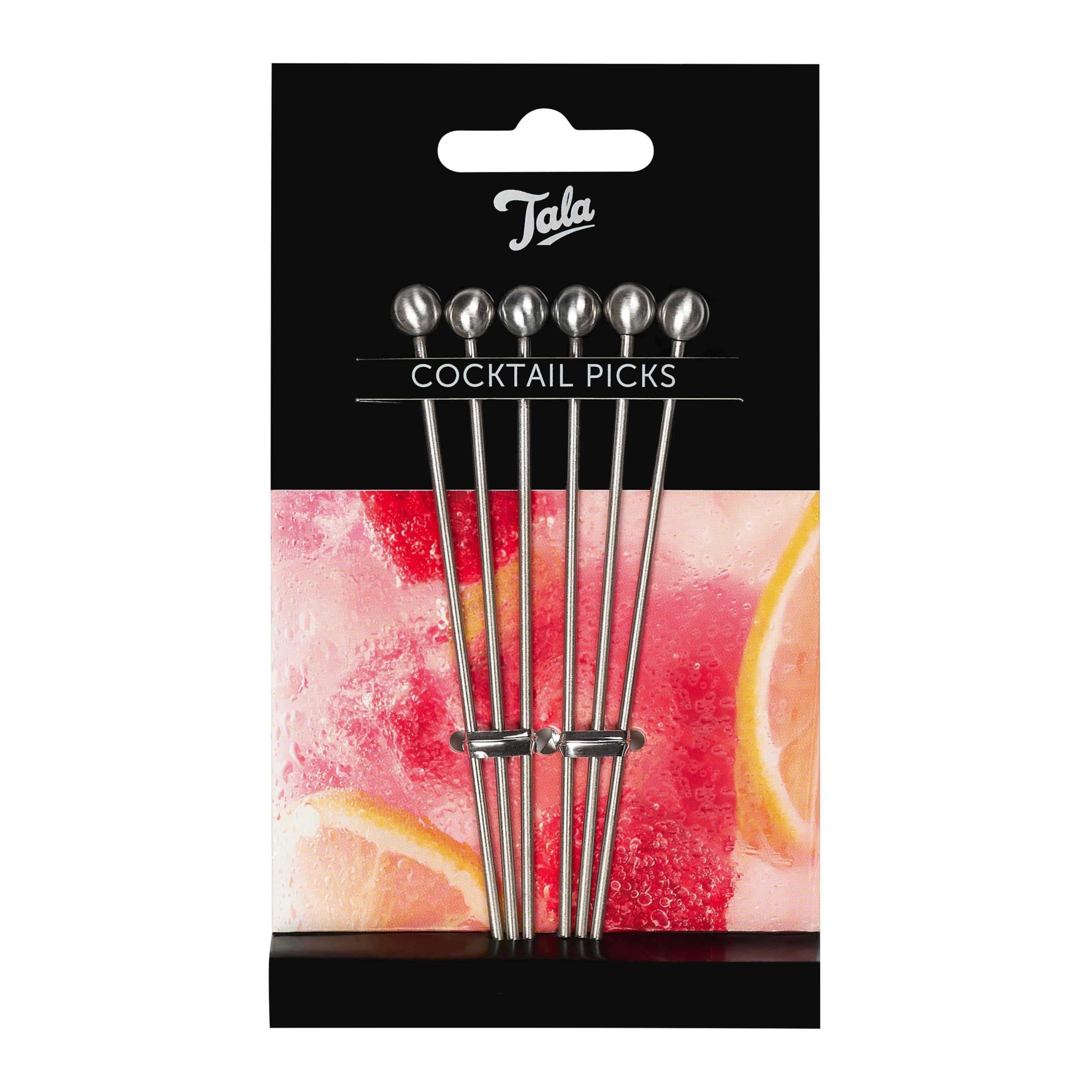 Tala Stainless Steel Cocktail Picks – Set of Reusable Picks, 10.8cm Length, Ideal for Olives, Garnishes, Martinis & Canapés, Durable & Stylish Barware