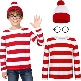 URATOT Kids Halloween Costume Set Red and White Striped T-shirt Beanie Hat Nerd Glasses