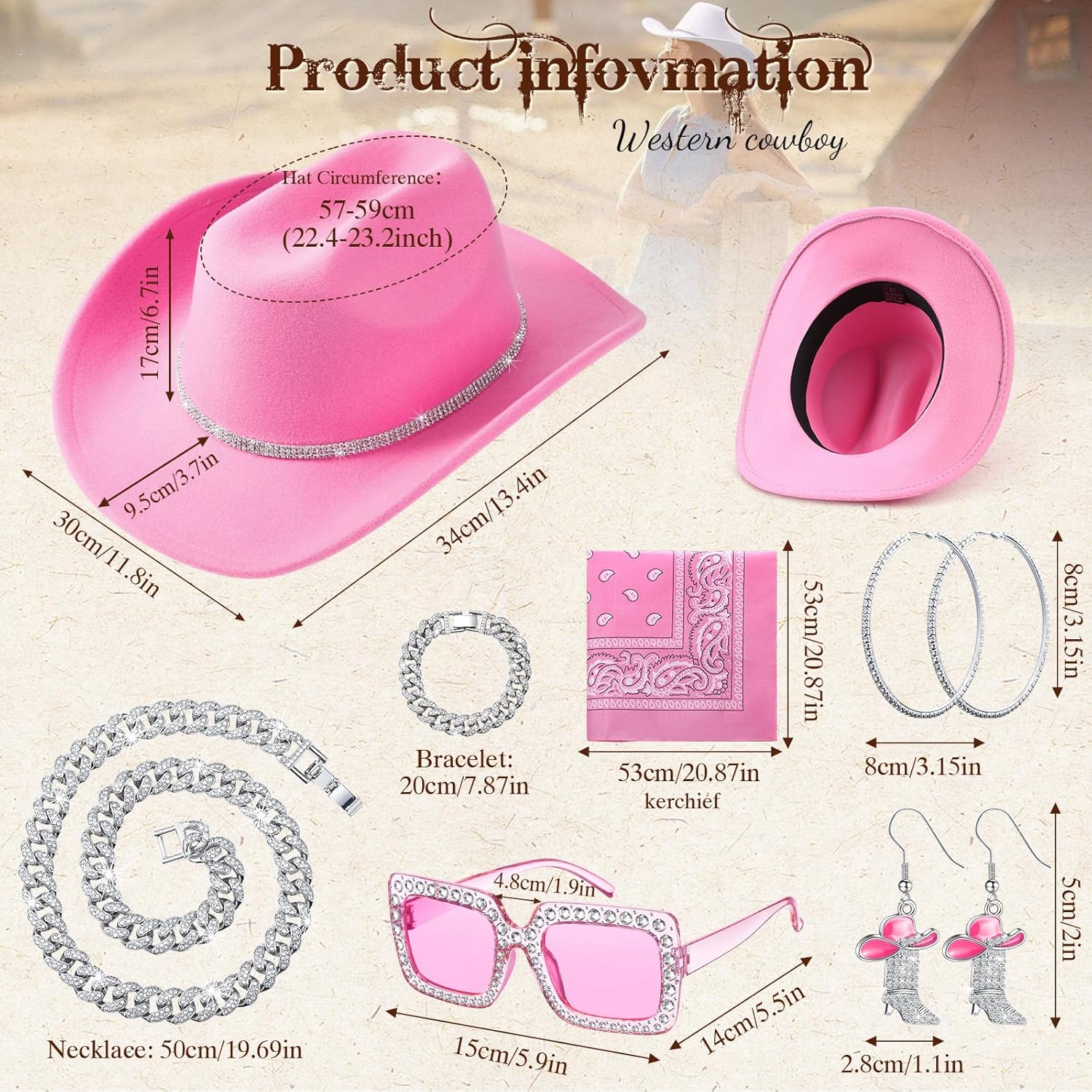 Hercicy 7 Pcs Western Costume Outfit Women Glitter Hat Sunglasses Bandana Bracelet Earring Accessory Halloween Cosplay - Image 2