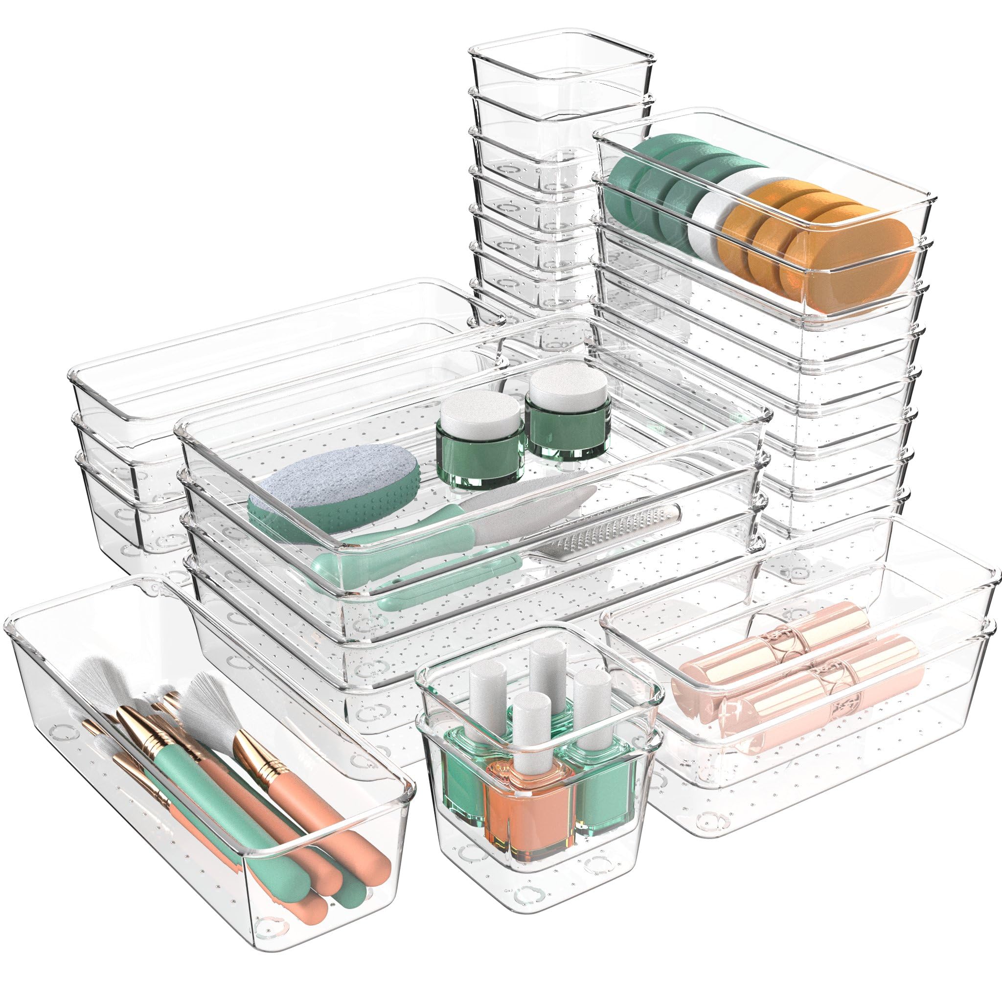 72 PCS Clear Plastic Drawer Organizers Set, 4 Sizes Clear Drawer Organizers & storage Bins for Makeup/Jewelry Vanity, Kitchen Gadgets Or Office Desk. Bathroom Drawer Organizer Trays With Non-Slip Pads