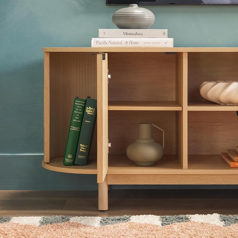 Walker Edison Modern Curved Reeded TV Stand for TVs up to 70 Inches, Credenza with Sliding Doors and Adjustable Shelves, TV Stand with Cord Management Cutout, 60 Inch, Coastal Oak image 6