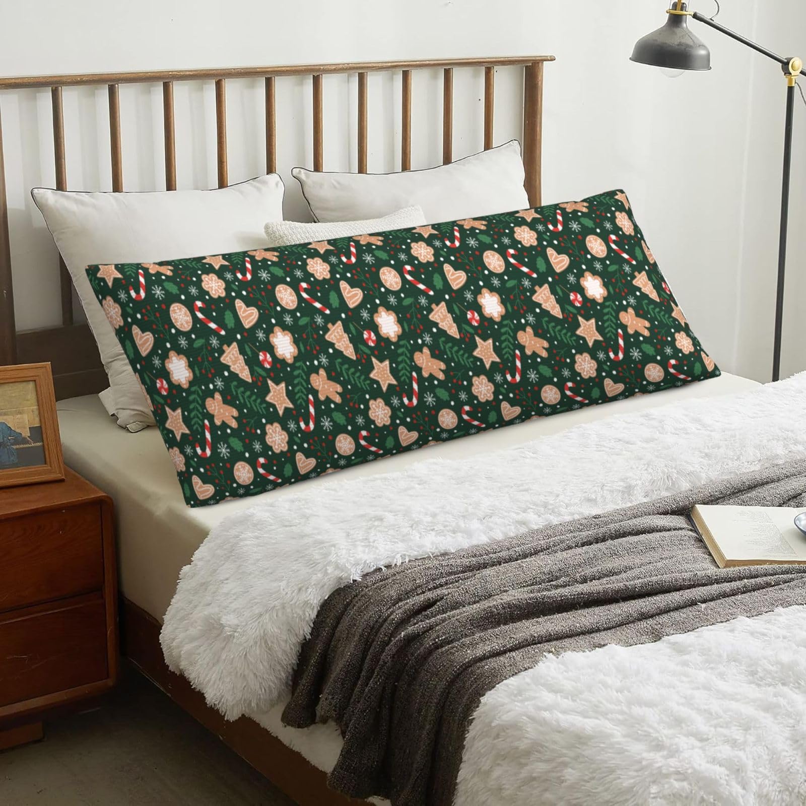 Christmas Candy Cane Gingerbread On Green Background, Body Pillow Cover with Zipper,Long Body Pillowcase 20 x 60 in