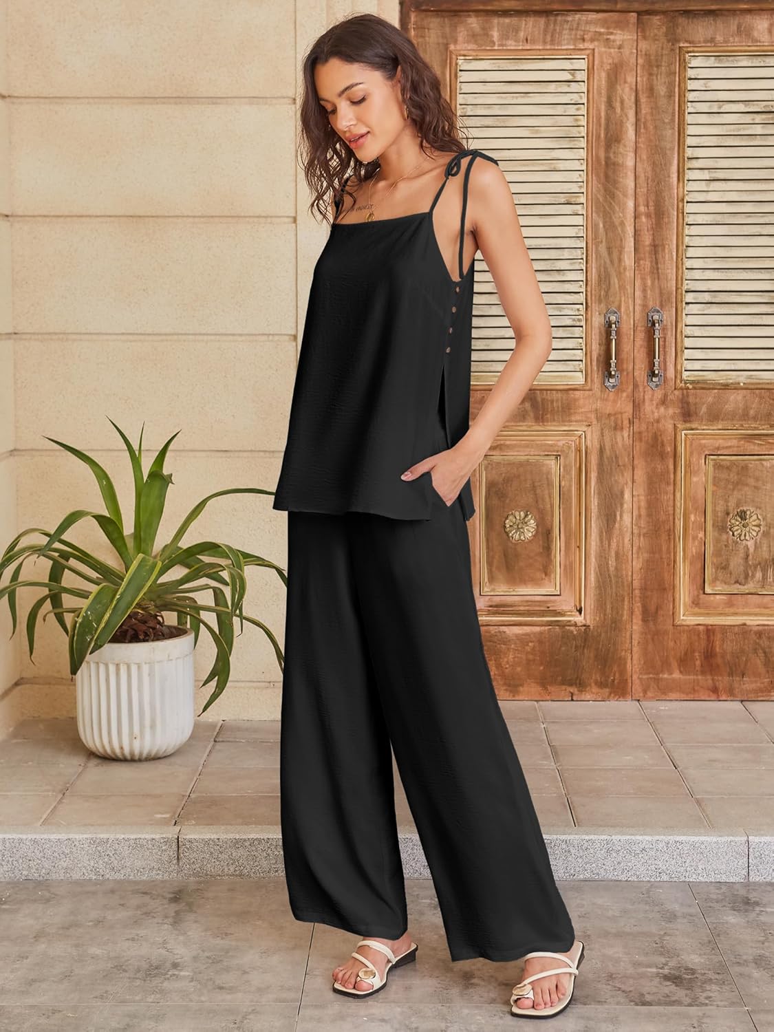 ANRABESS 2 Piece Sets for Women Summer Casual Lounge Spaghetti Strap Top Wide Leg Pants Set Vacation Beach Travel Outfits - Image 3