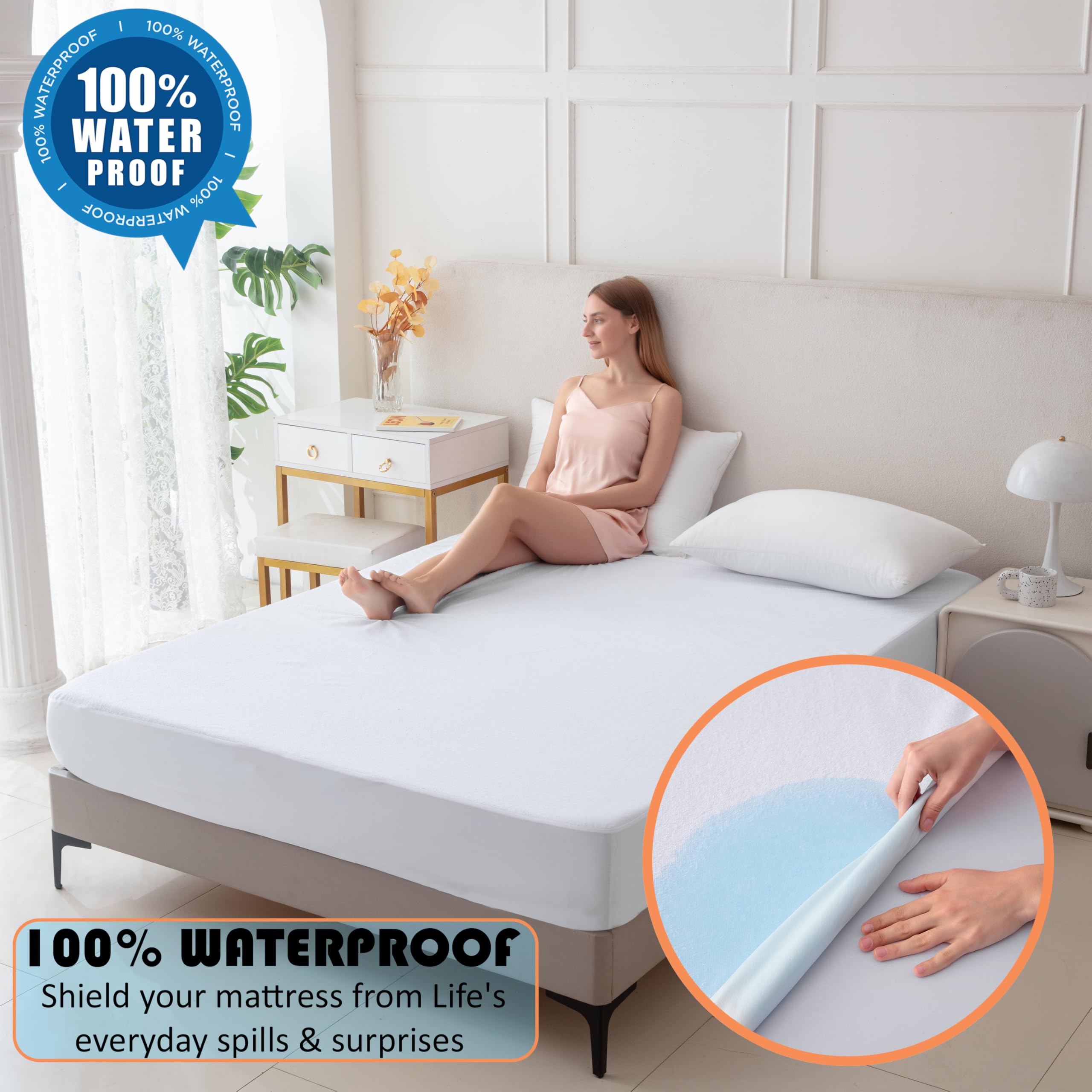 Premium Cotton Terry Mattress Protector – 100% Waterproof, Ultra-Soft & Breathable, Noiseless Cooling Bed Cover Machine Washable Deep Pocket Fits Up to 22” for Secure Protection & Comfort Queen