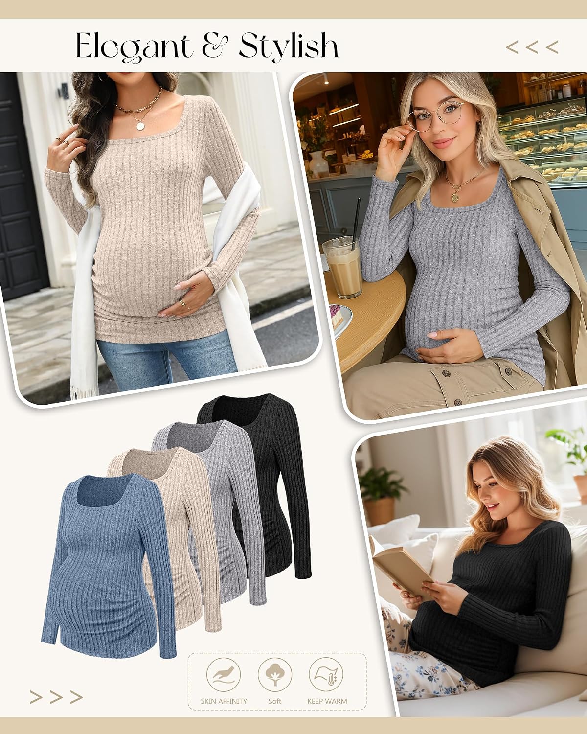 4 Pack Women's Maternity Ribbed Shirts Long Sleeve Square Neck Sweaters Casual Slim Side Ruched Pregnancy Clothes