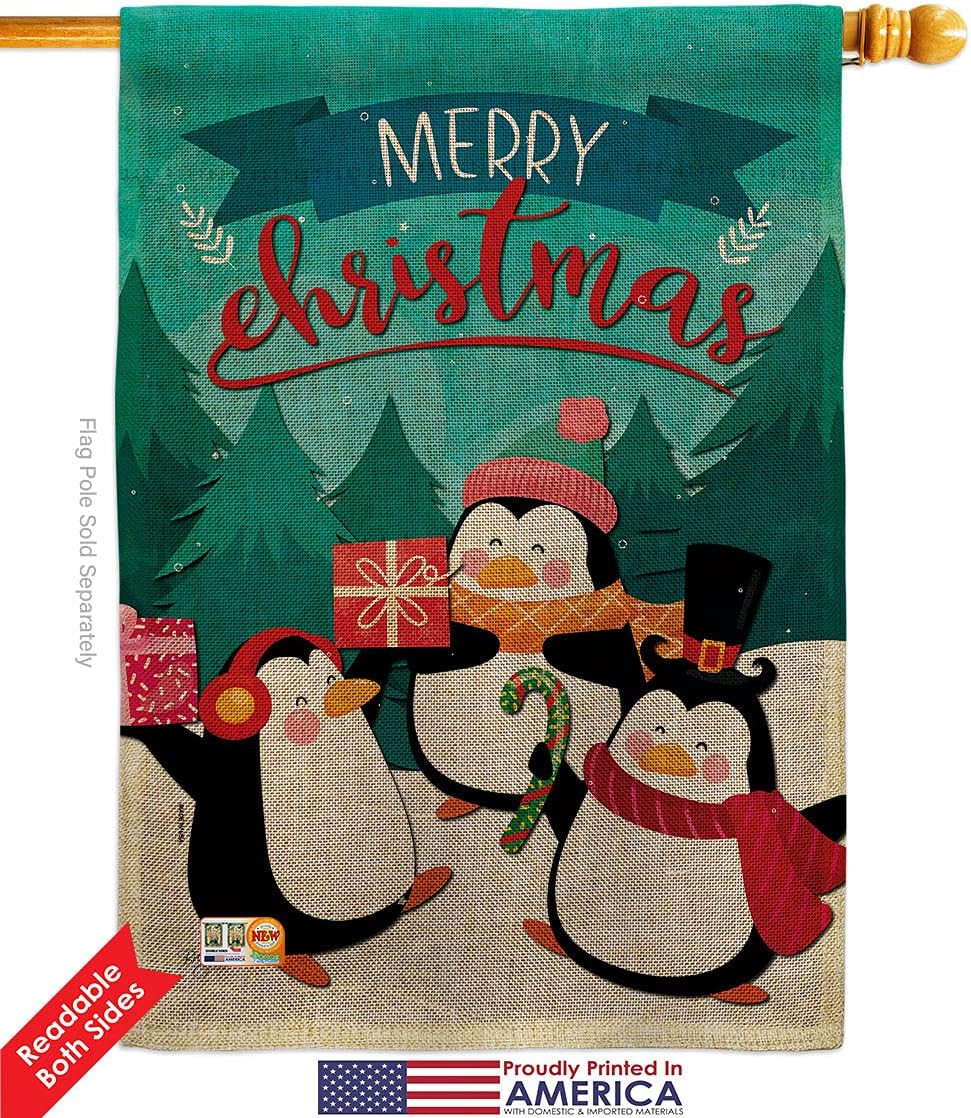 Penguins Christmas Burlap House Flag Set Wintertime Santa Marry Xmas Present Reindeer Season Snow Small Decorative Gift Yard Banner Double-Sided Made In USA 28 X 40