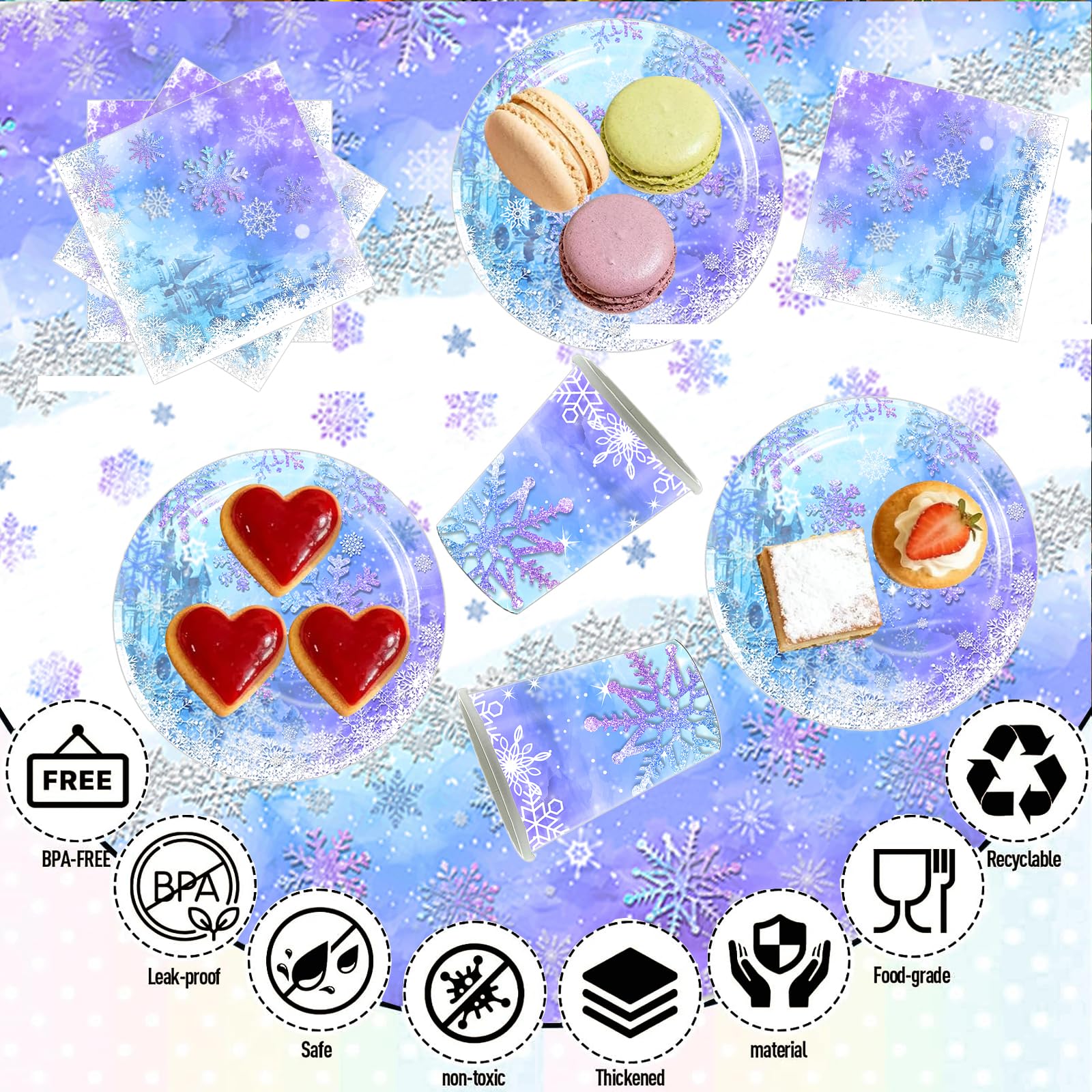 Frozen Stoviglie per feste, 61 pezzi Fiocchi di neve Stoviglie per compleanni per bambini, Tema neve e ghiaccio Set di piatti di carta per feste, Compresi bicchieri, tovaglioli e tovaglie