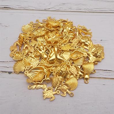 100PCS/300PCS Golden Summer Beach Charms, Mixed Sea Ocean Animals Marine Life Alloy Pendants for Hawaii Necklace Bracelet Jewelry Making and Crafting Supplies